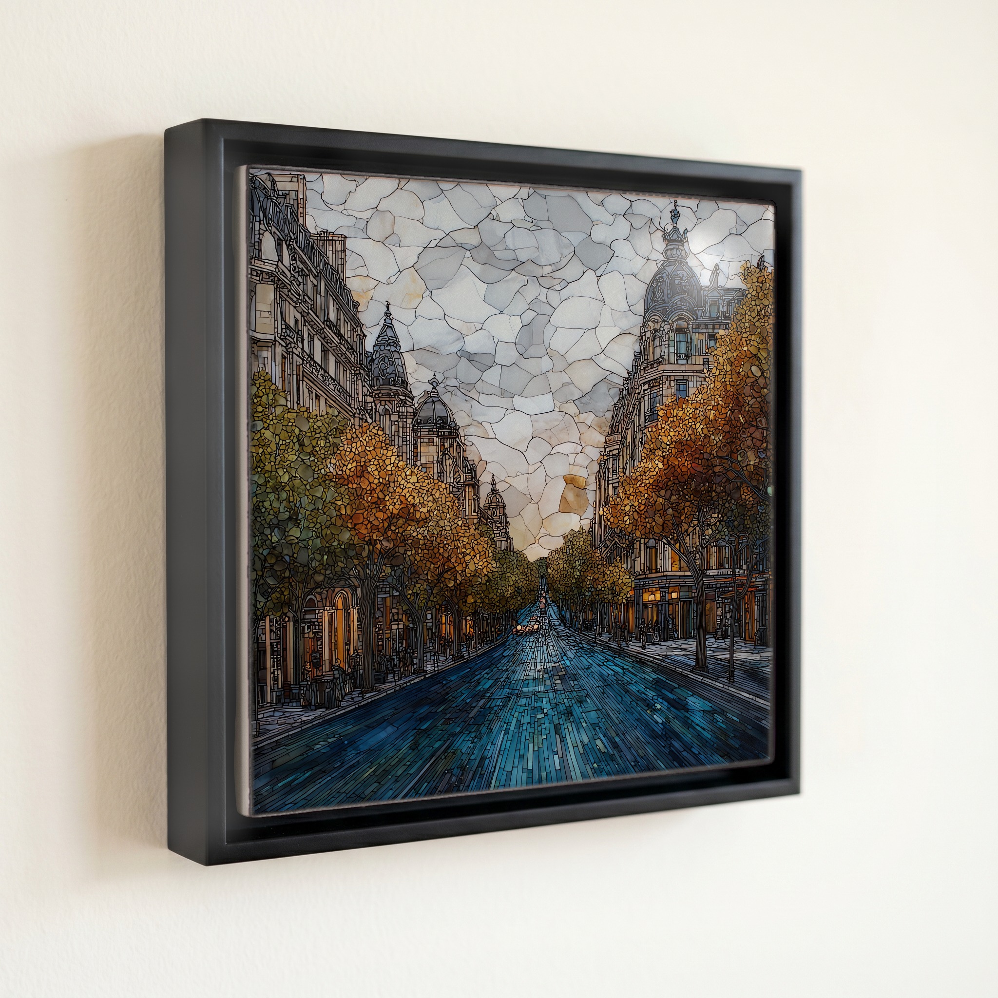 shown in a slim black floating frame · 6 × 6 in