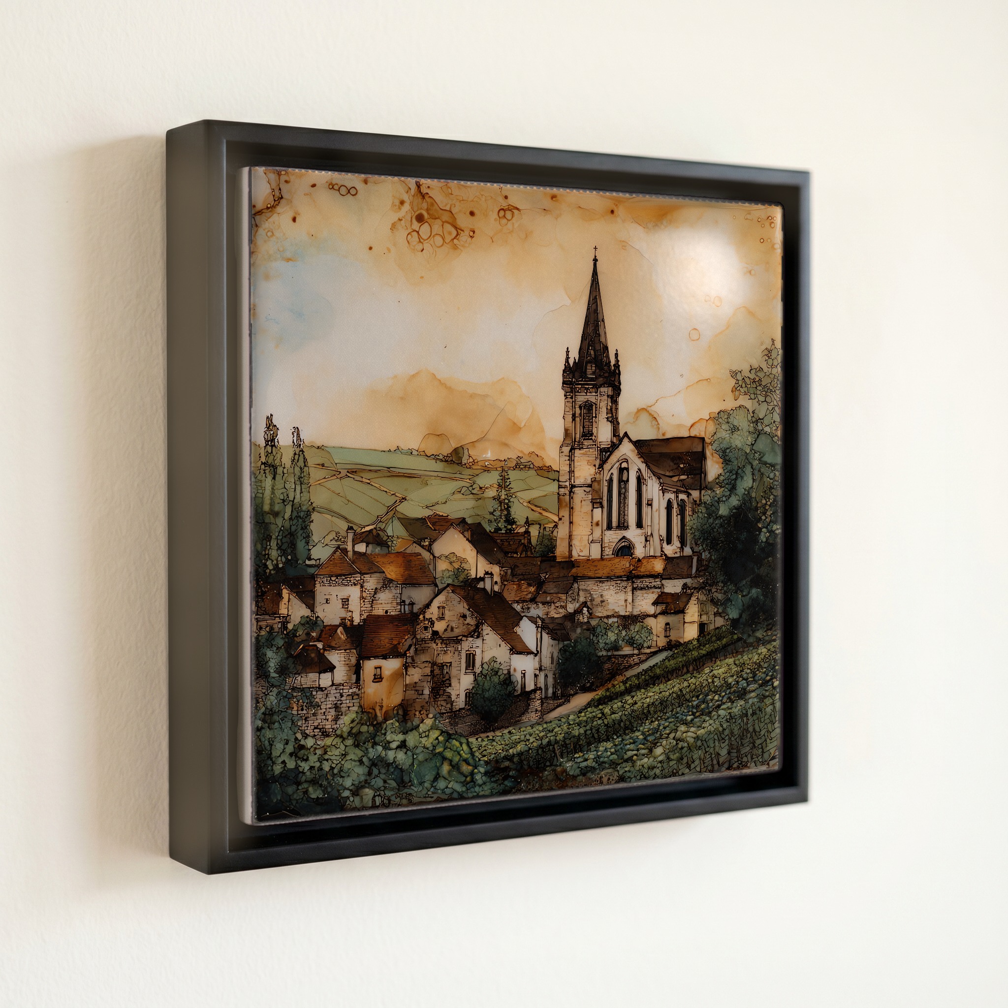 shown in a slim black floating frame · 6 × 6 in