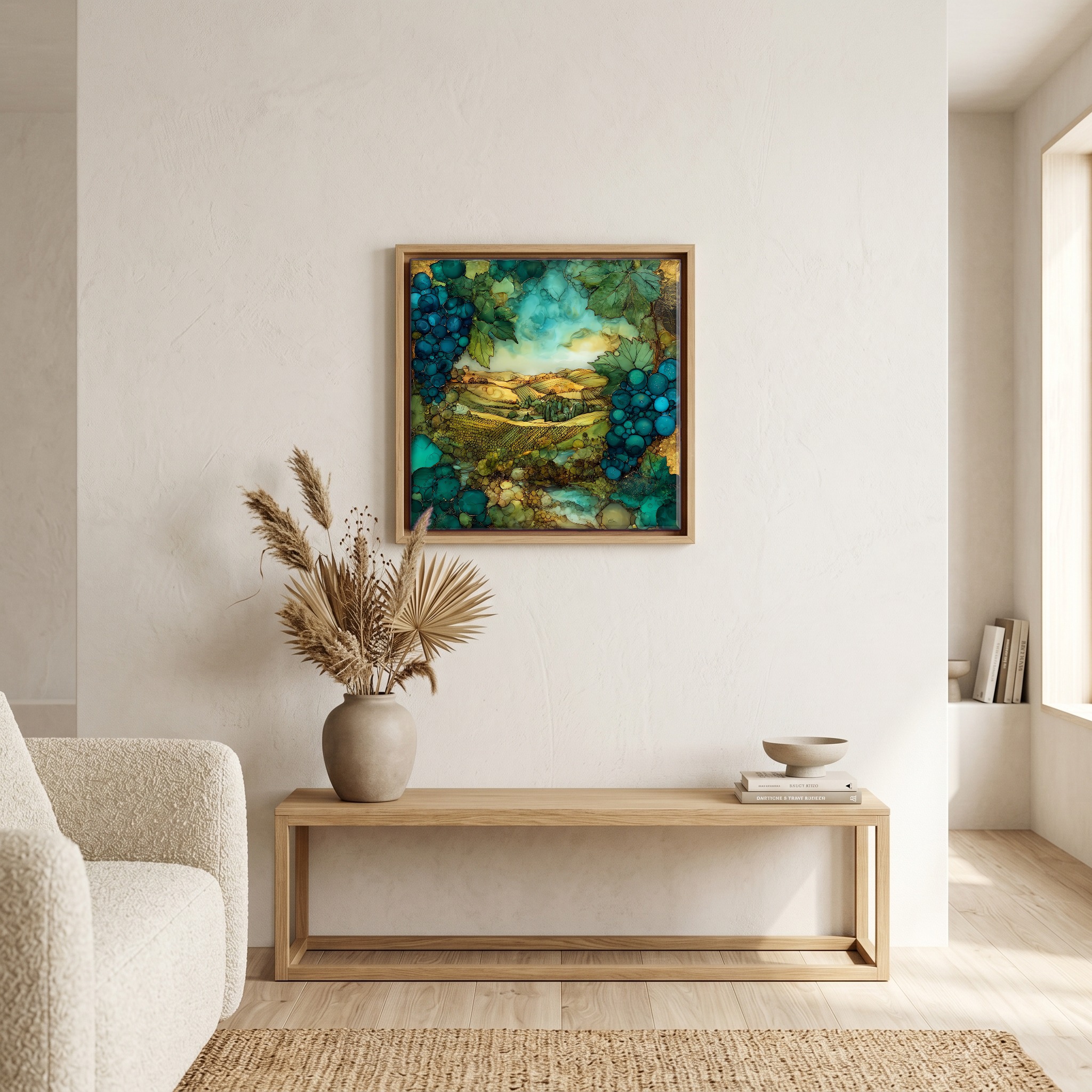 Above the bench, in a warm oak surround.