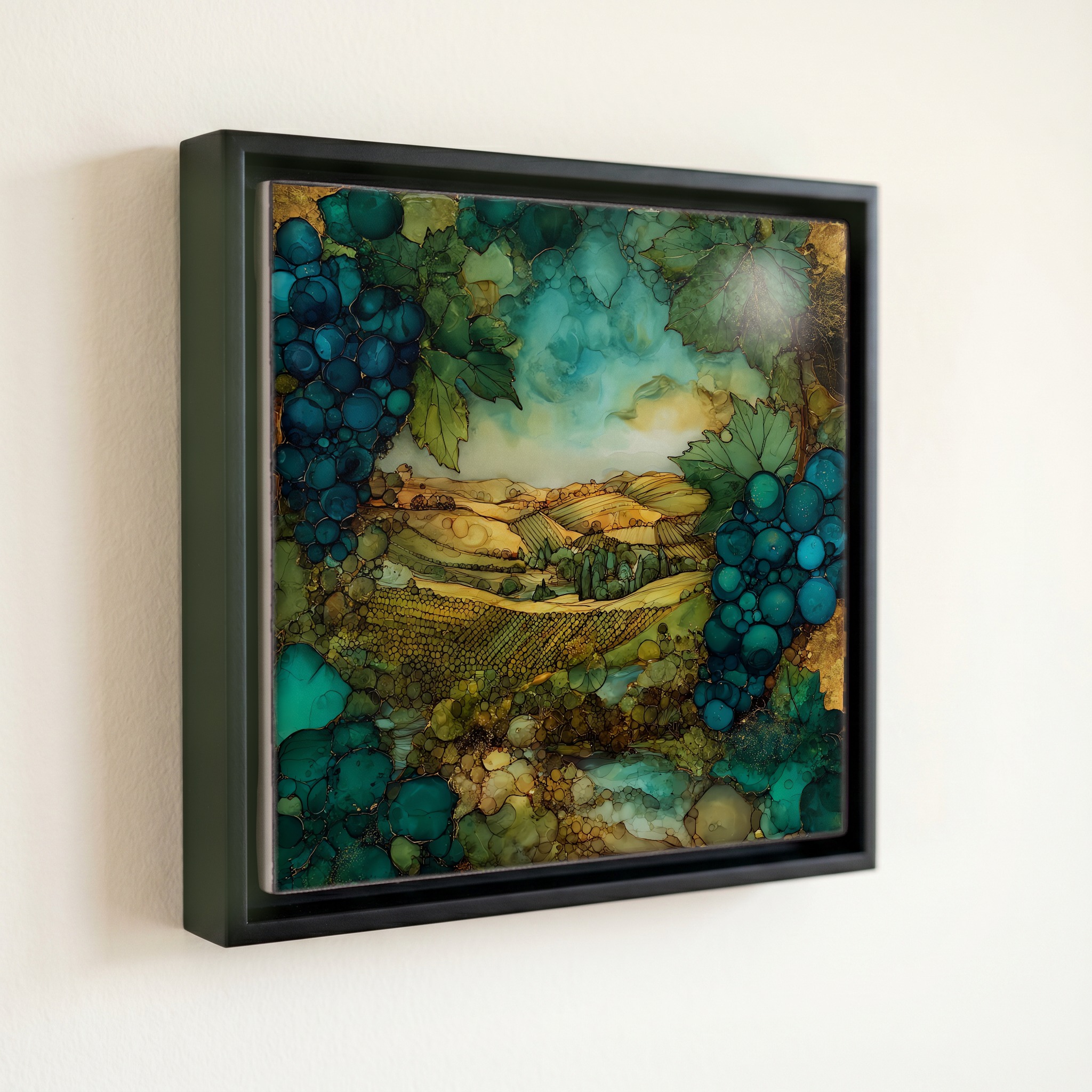 shown in a slim black floating frame · 6 × 6 in