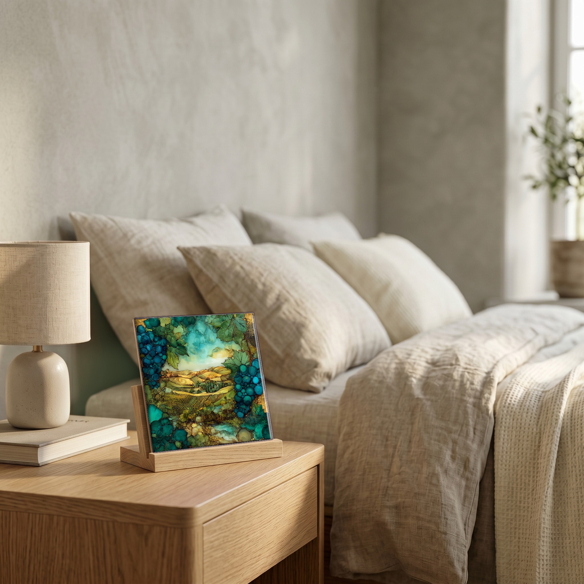 On the nightstand, on a light oak stand.