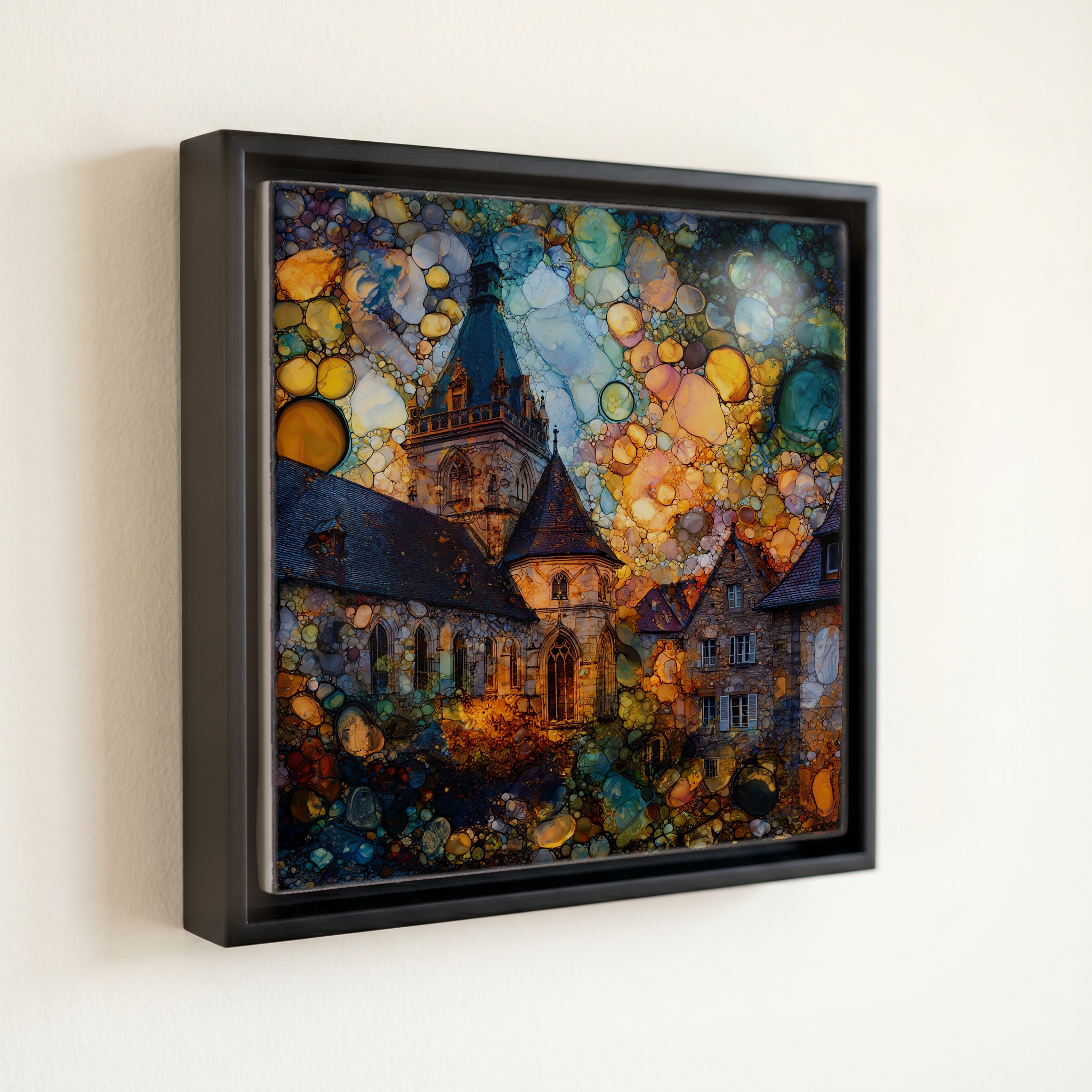 shown in a slim black floating frame · 6 × 6 in