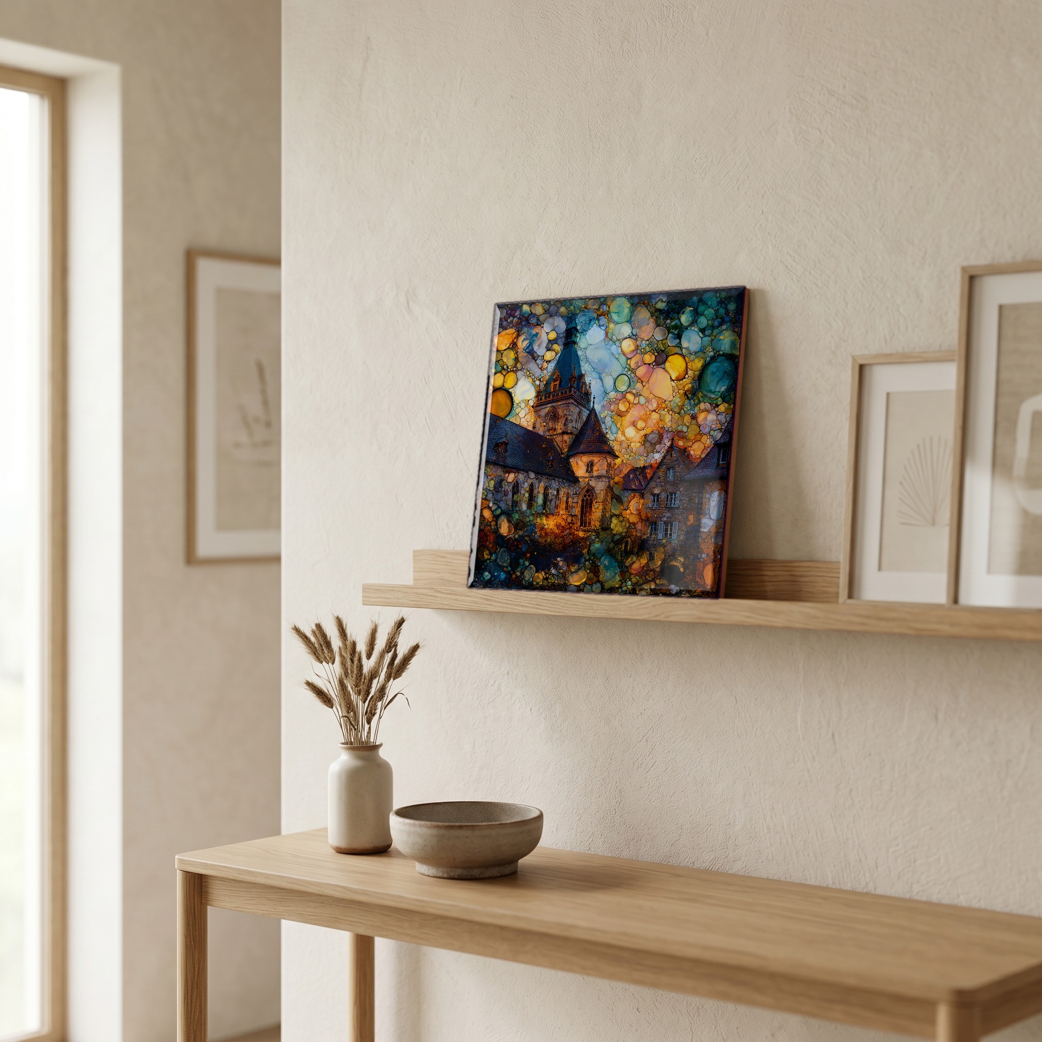 On a picture ledge, where the light comes in.