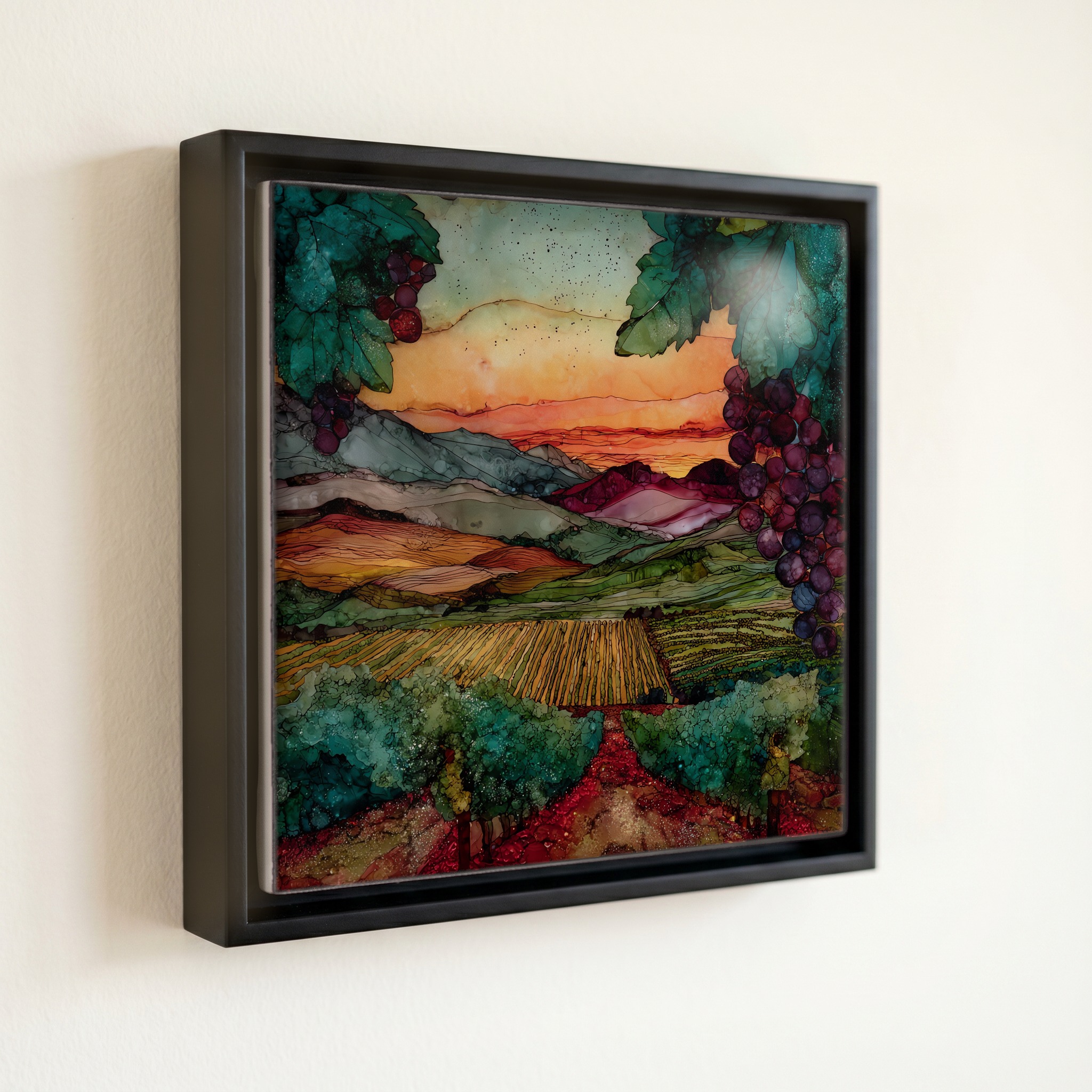 shown in a slim black floating frame · 6 × 6 in