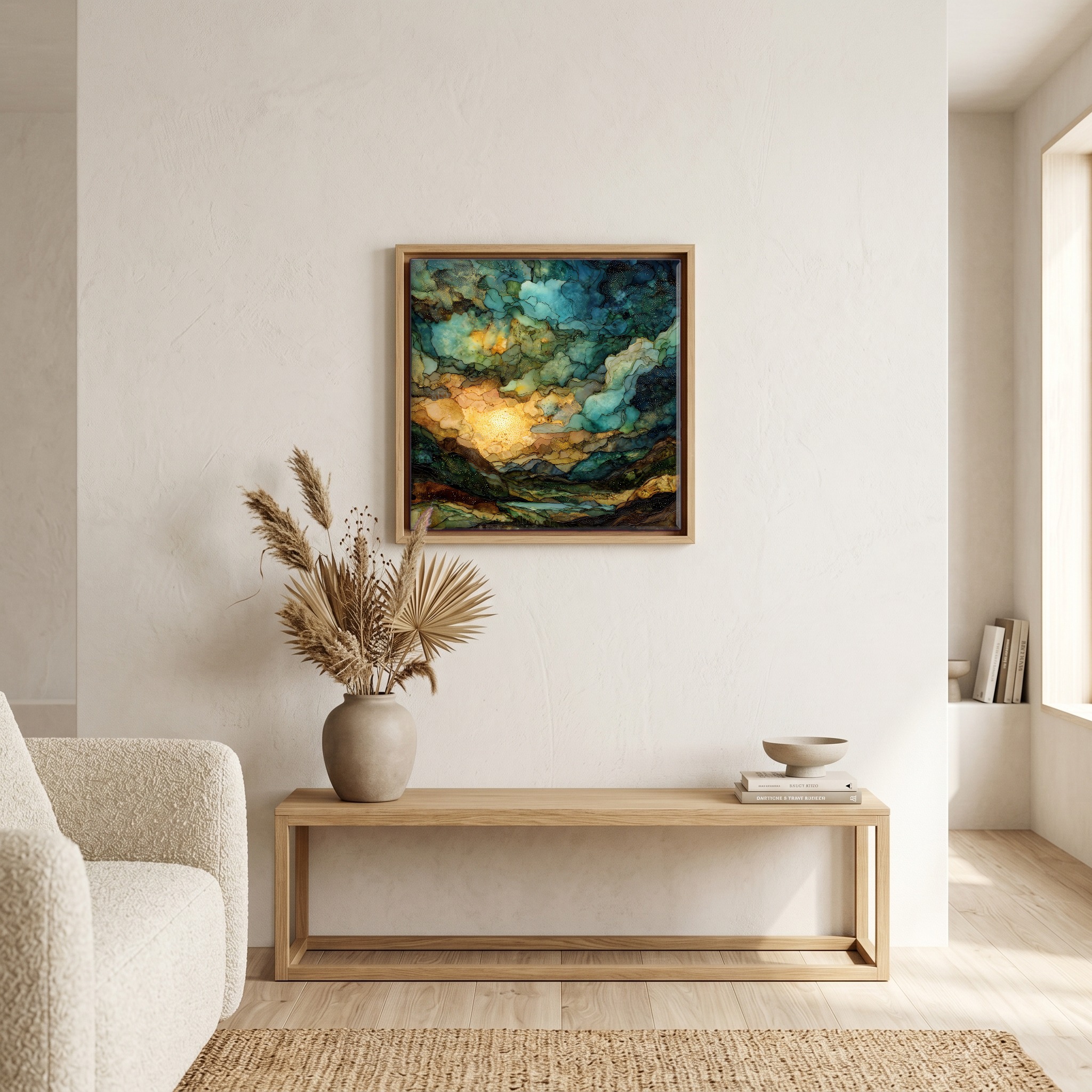 Above the bench, in a warm oak surround.