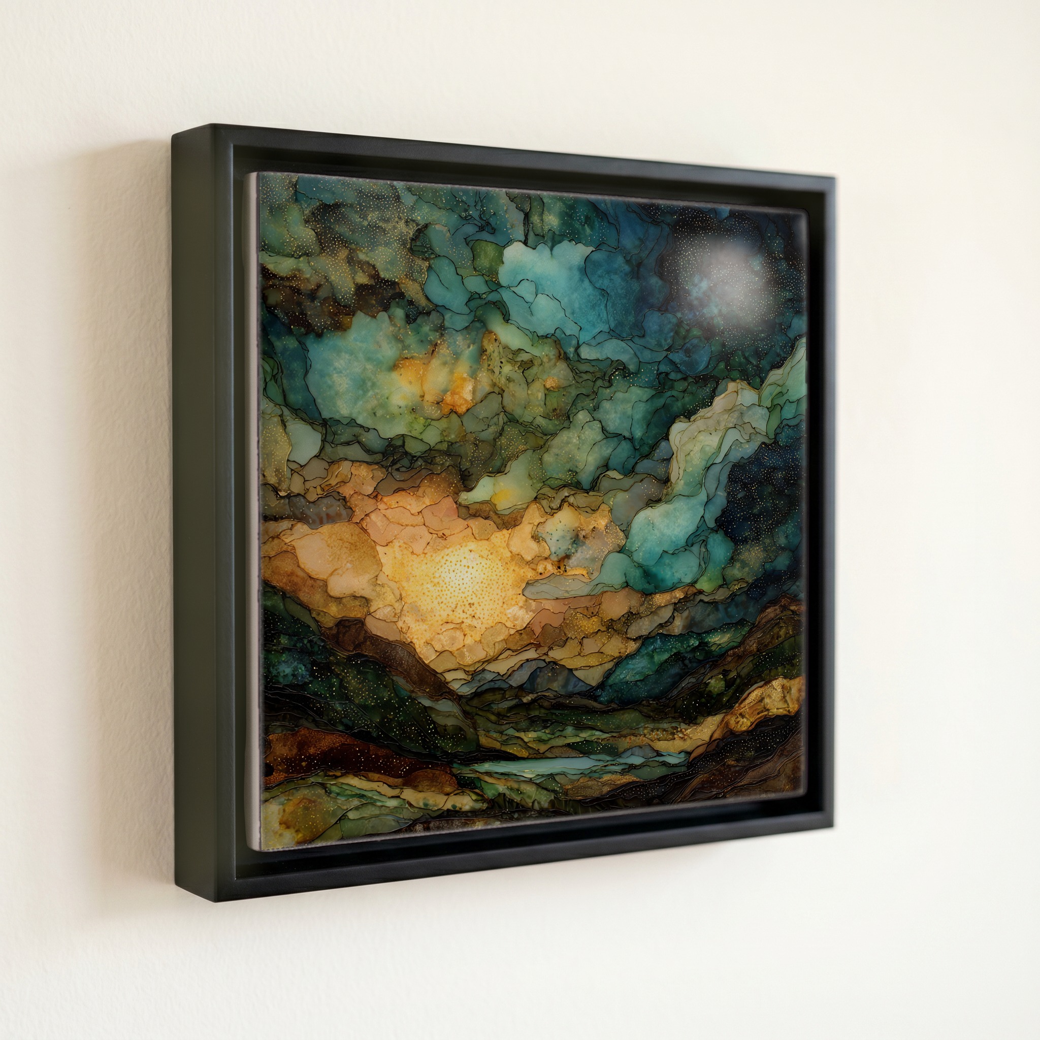 shown in a slim black floating frame · 6 × 6 in