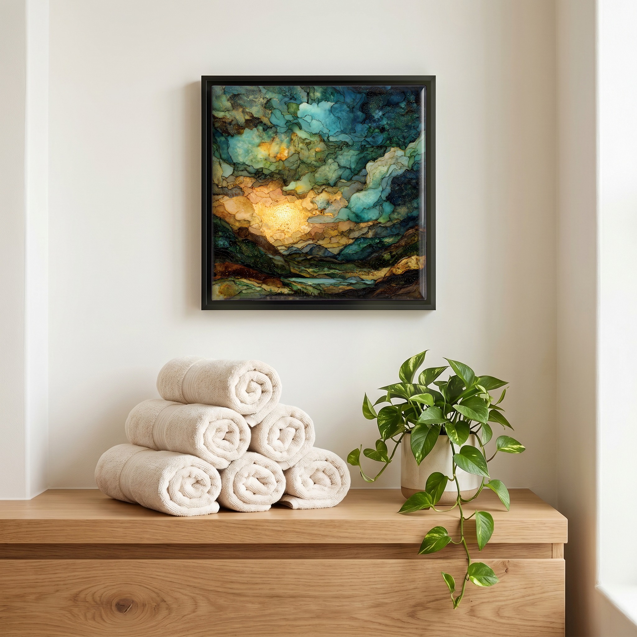 Above the linens, in a slim black surround.