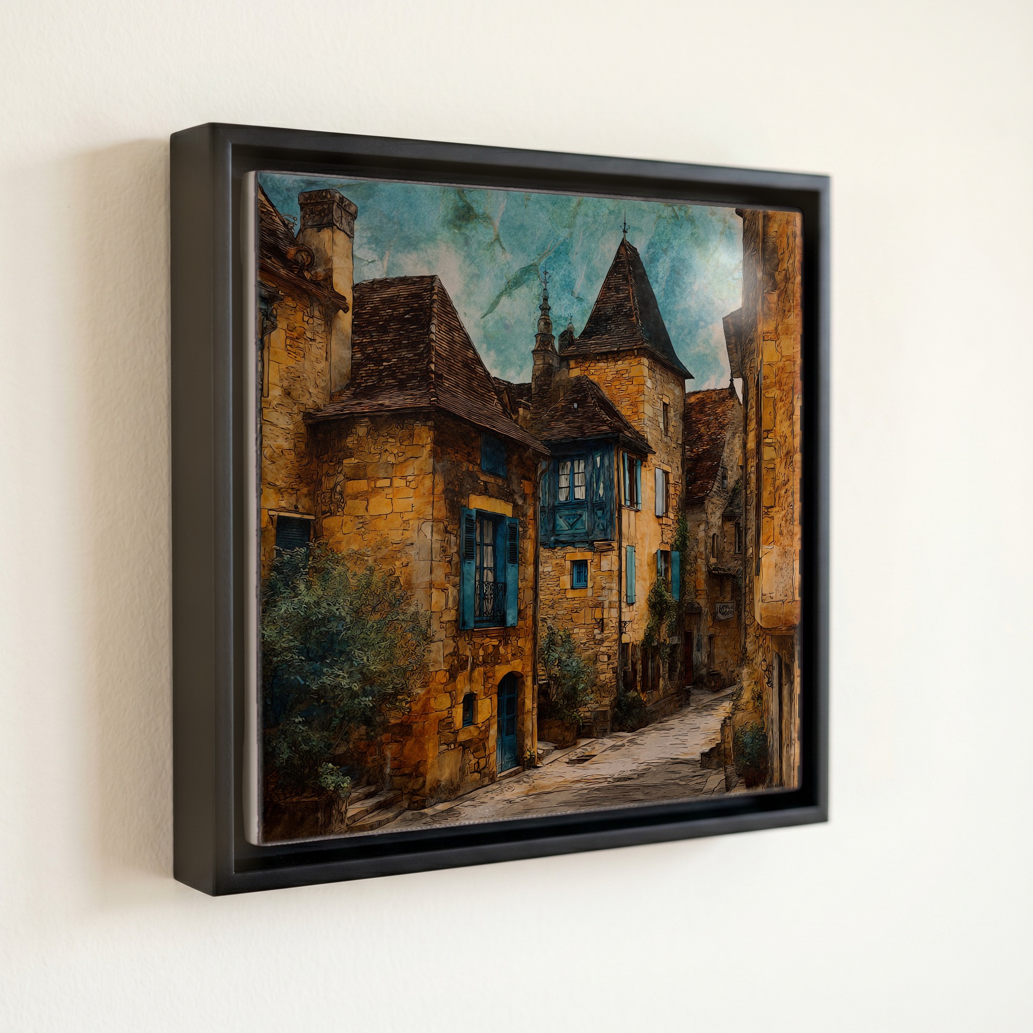 shown in a slim black floating frame · 6 × 6 in
