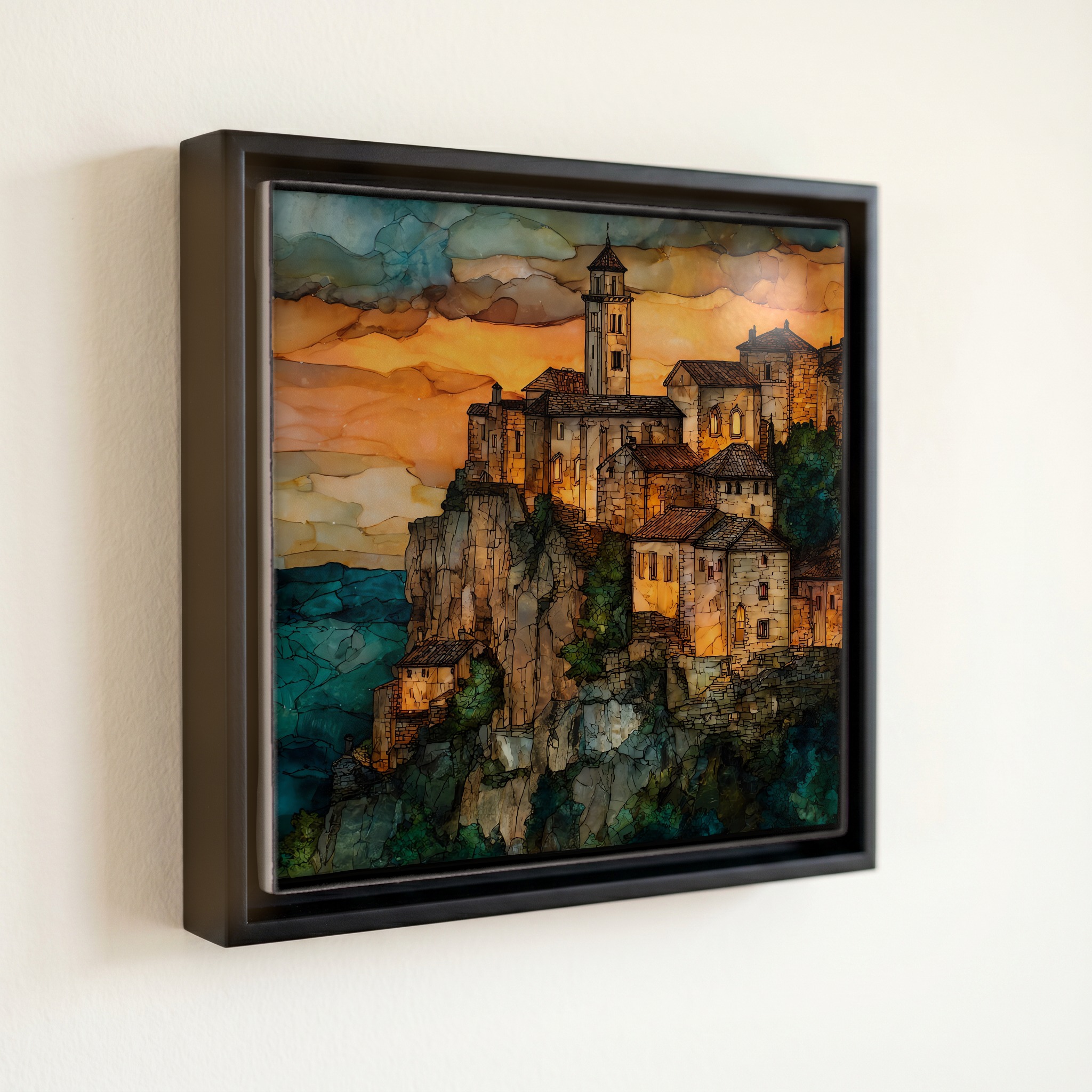 shown in a slim black floating frame · 6 × 6 in