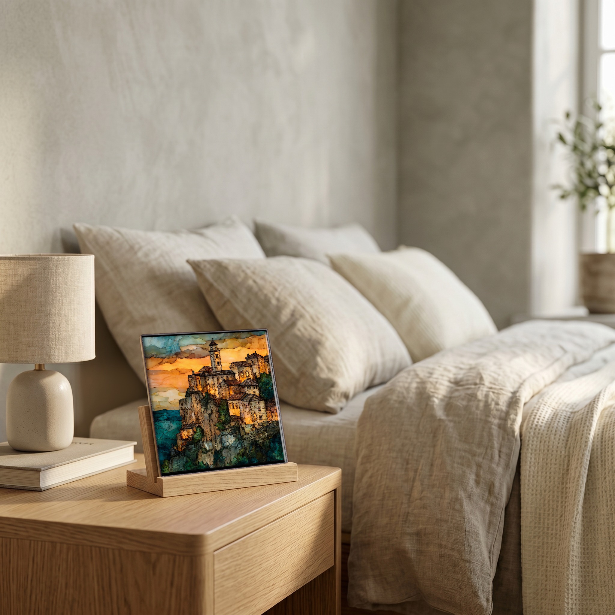 On the nightstand, on a light oak stand.