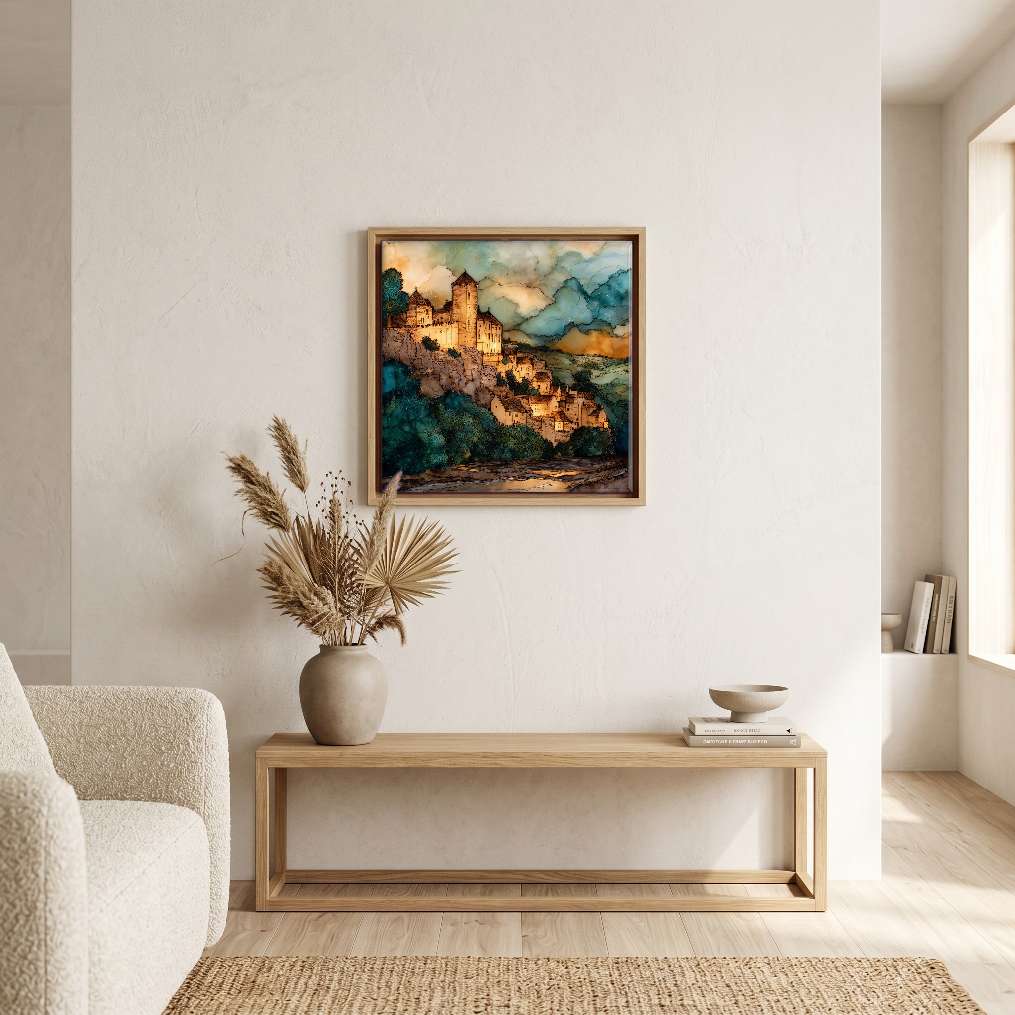 Above the bench, in a warm oak surround.