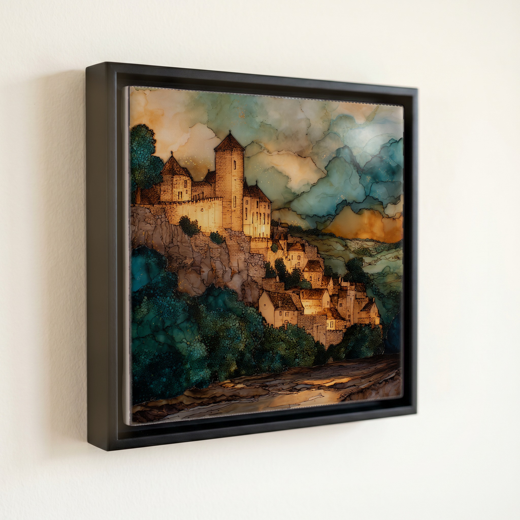 shown in a slim black floating frame · 6 × 6 in