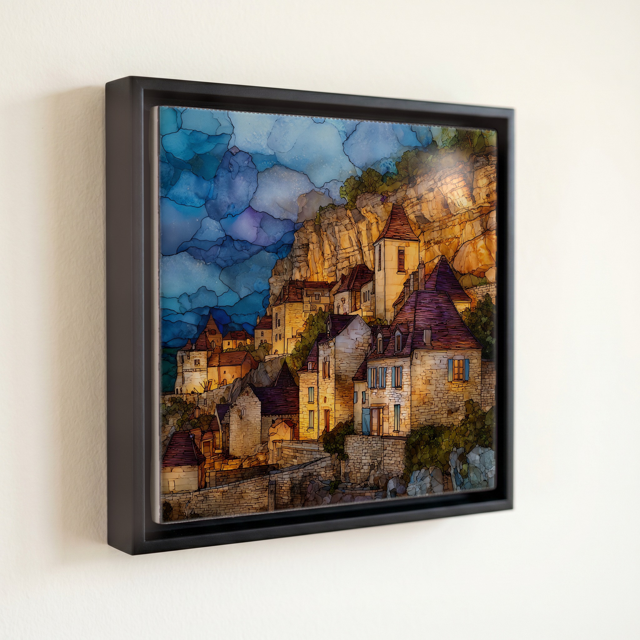shown in a slim black floating frame · 6 × 6 in