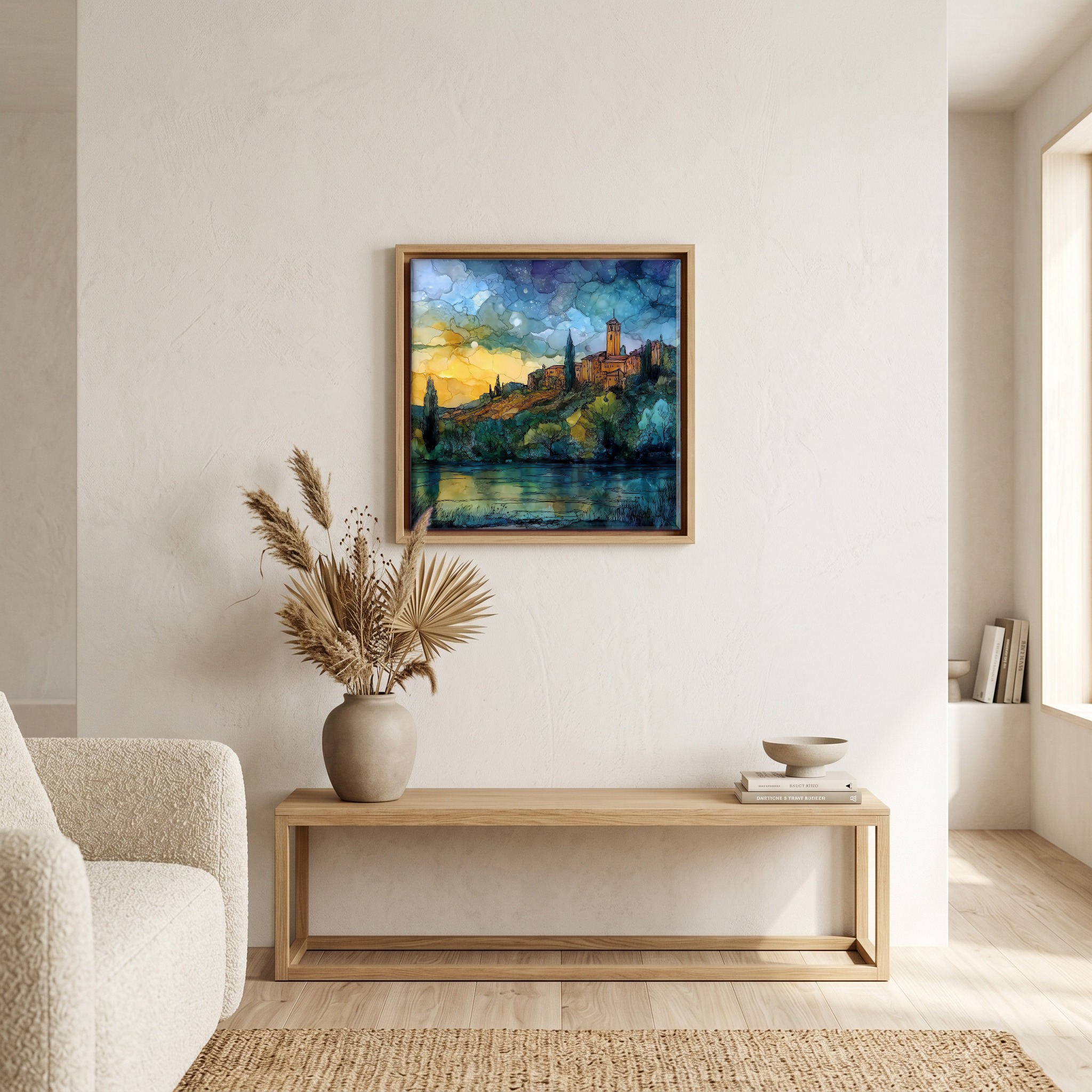 Above the bench, in a warm oak surround.