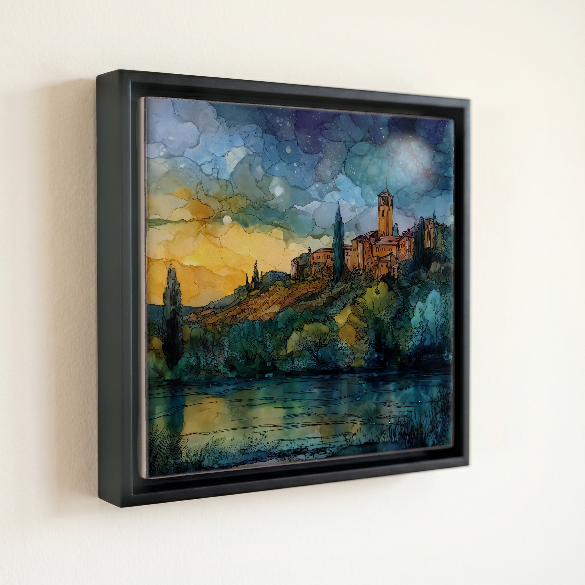 shown in a slim black floating frame · 6 × 6 in