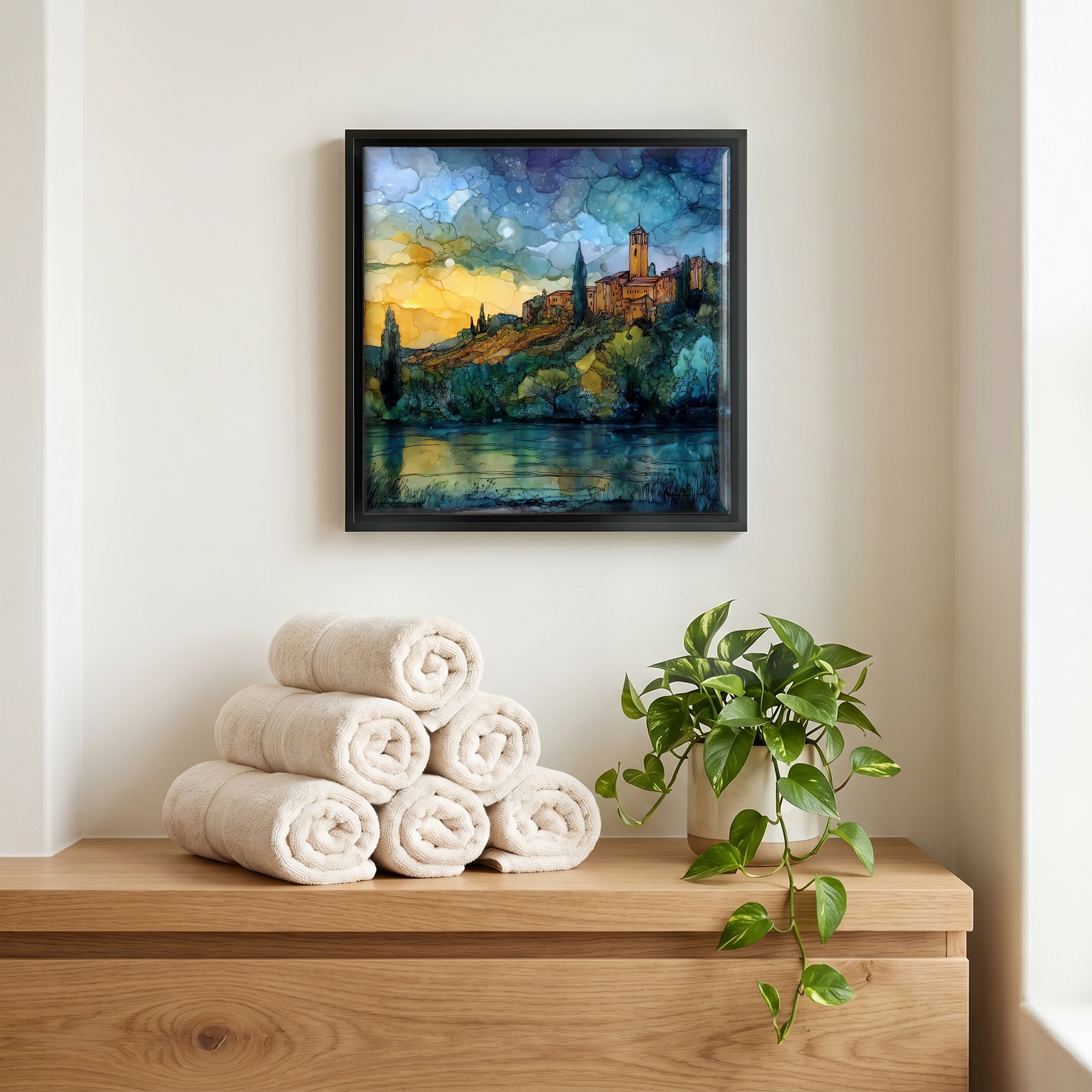 Above the linens, in a slim black surround.