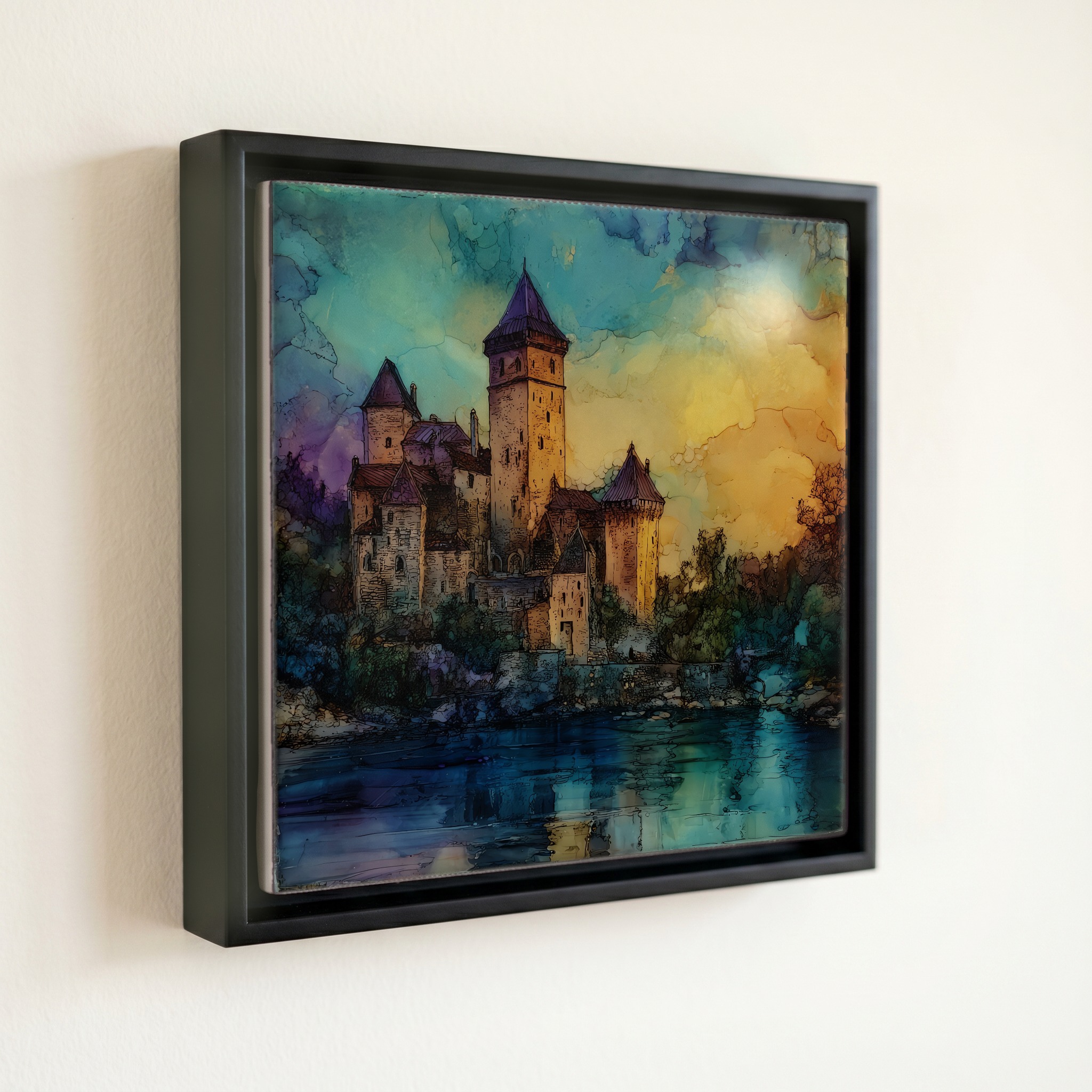 shown in a slim black floating frame · 6 × 6 in