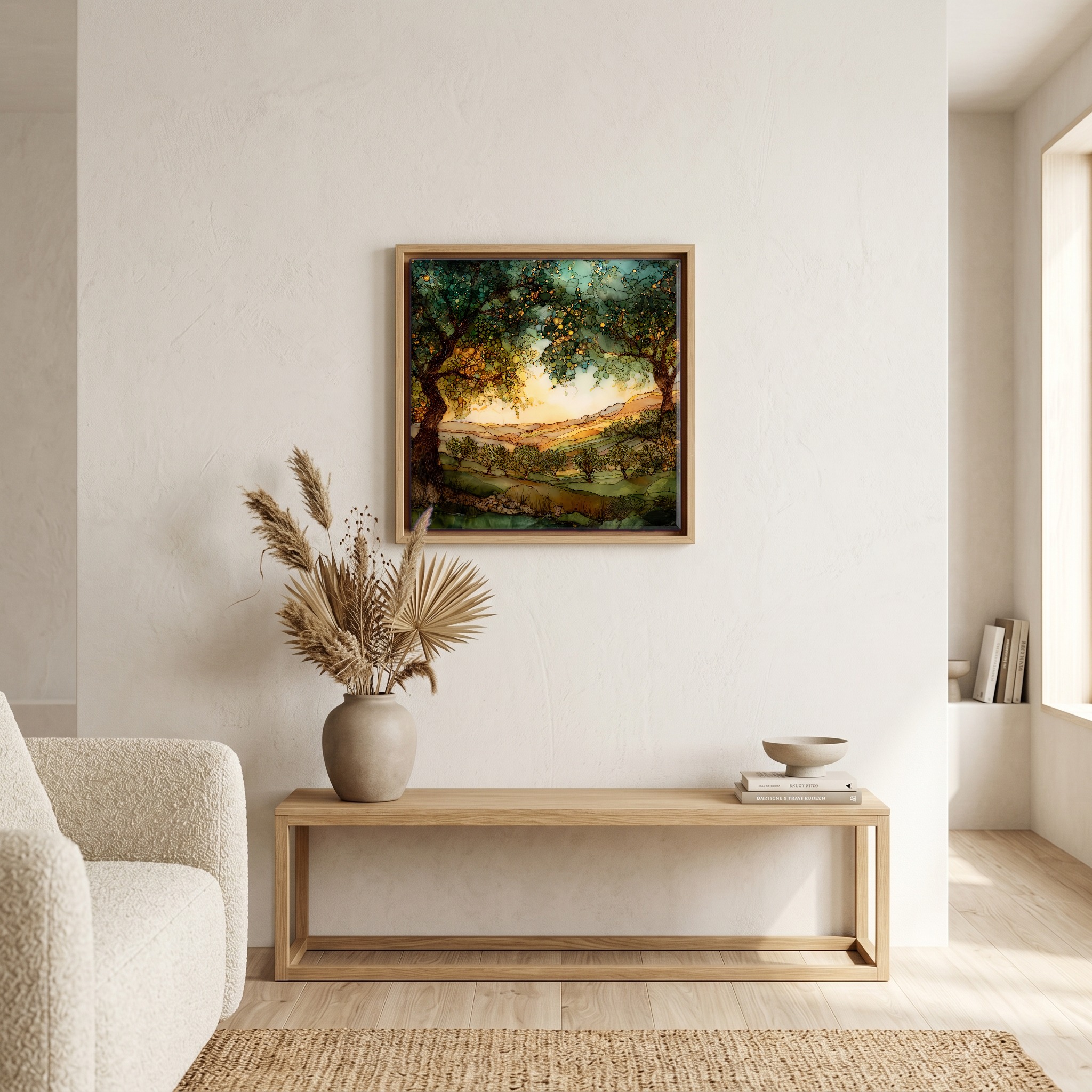 Above the bench, in a warm oak surround.