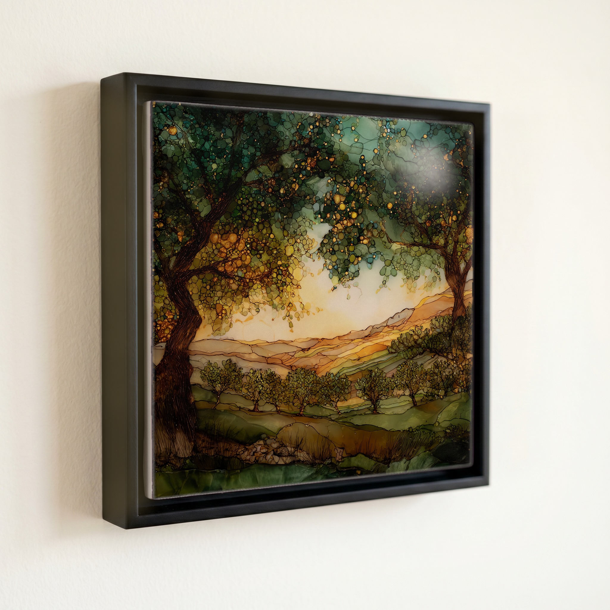 shown in a slim black floating frame · 6 × 6 in