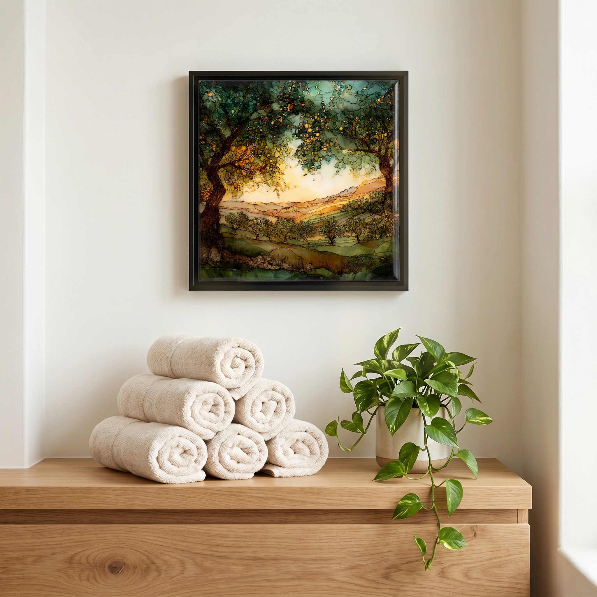 Above the linens, in a slim black surround.