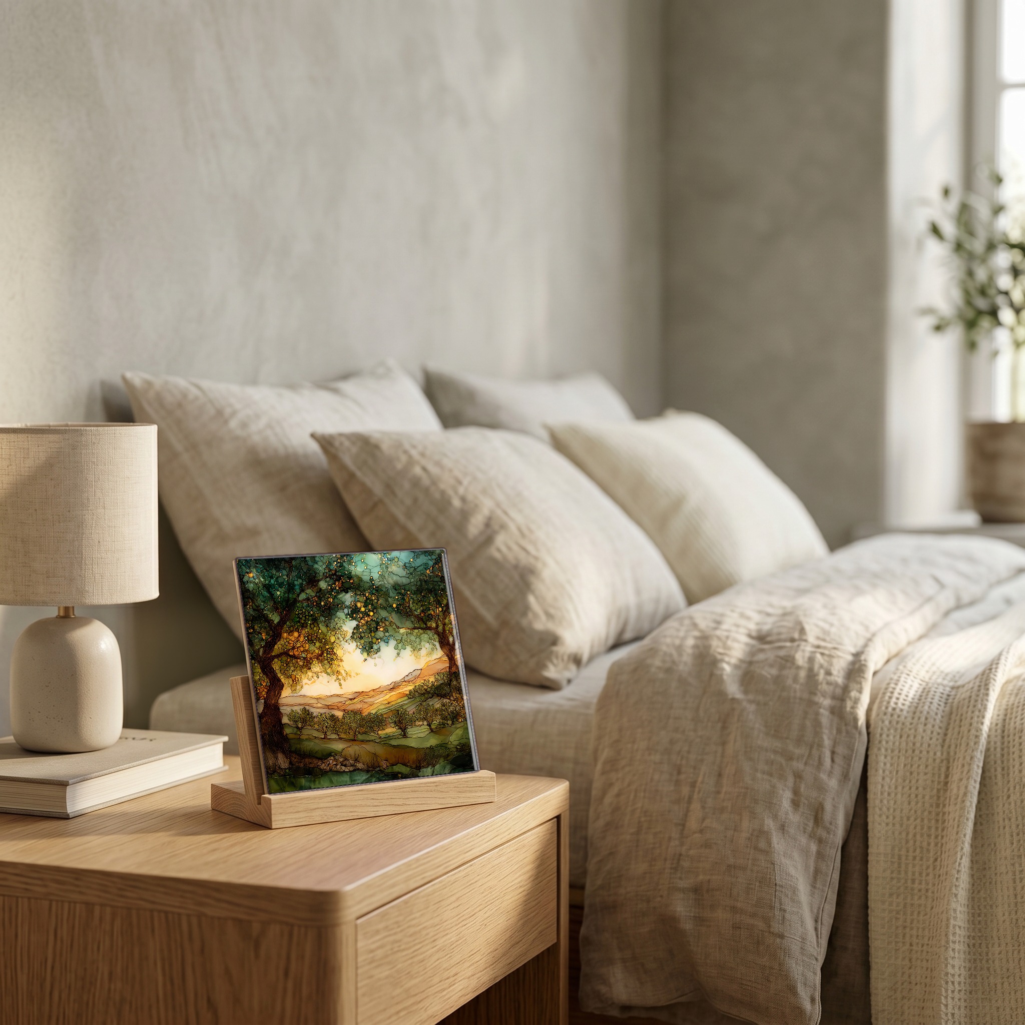 On the nightstand, on a light oak stand.