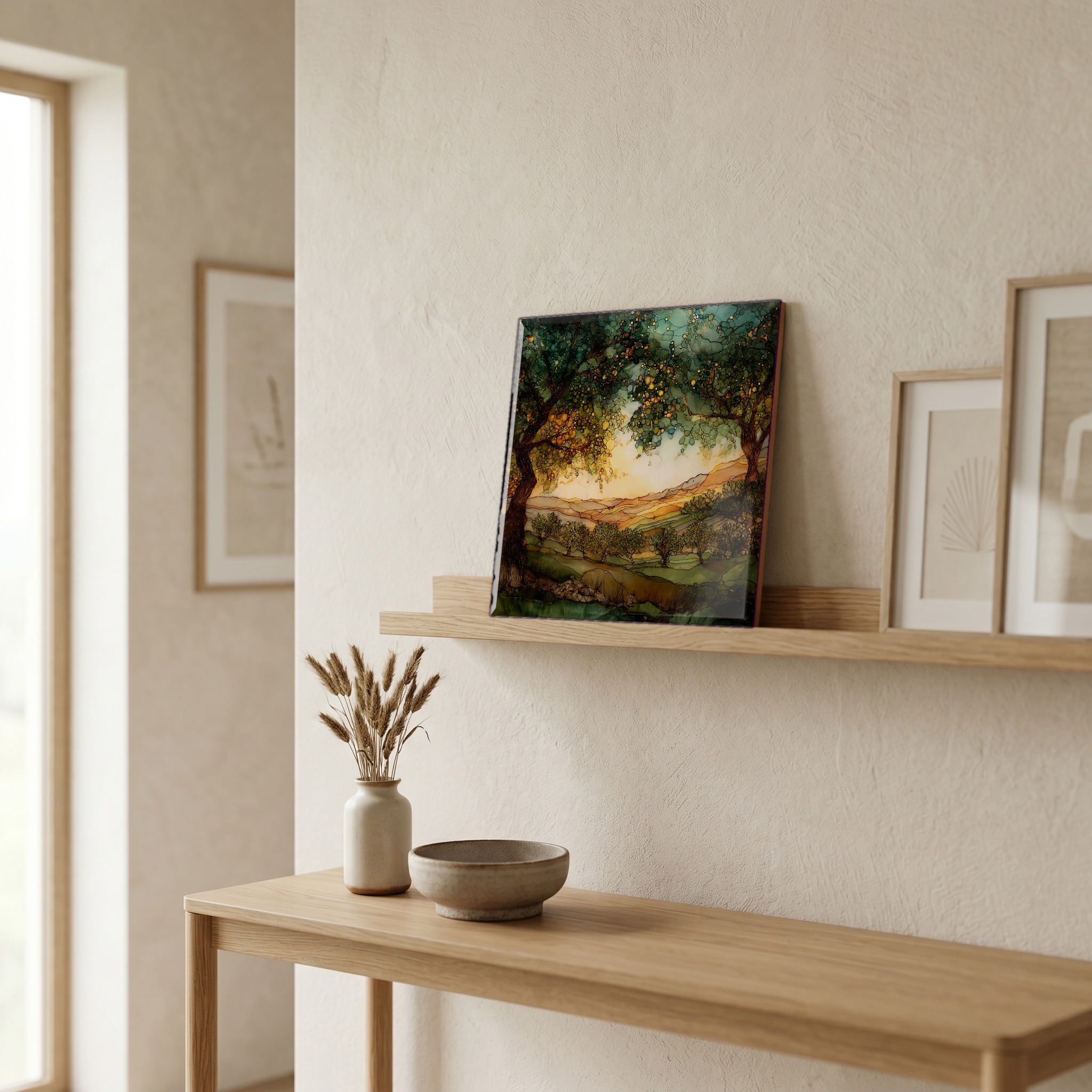On a picture ledge, where the light comes in.