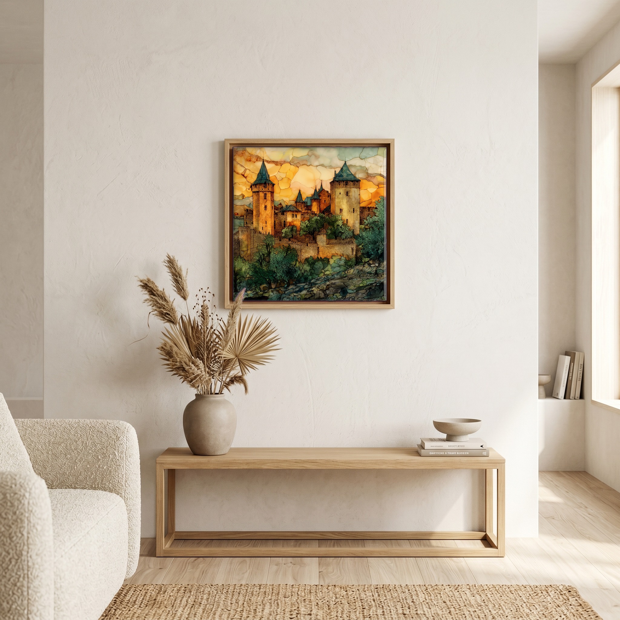 Above the bench, in a warm oak surround.