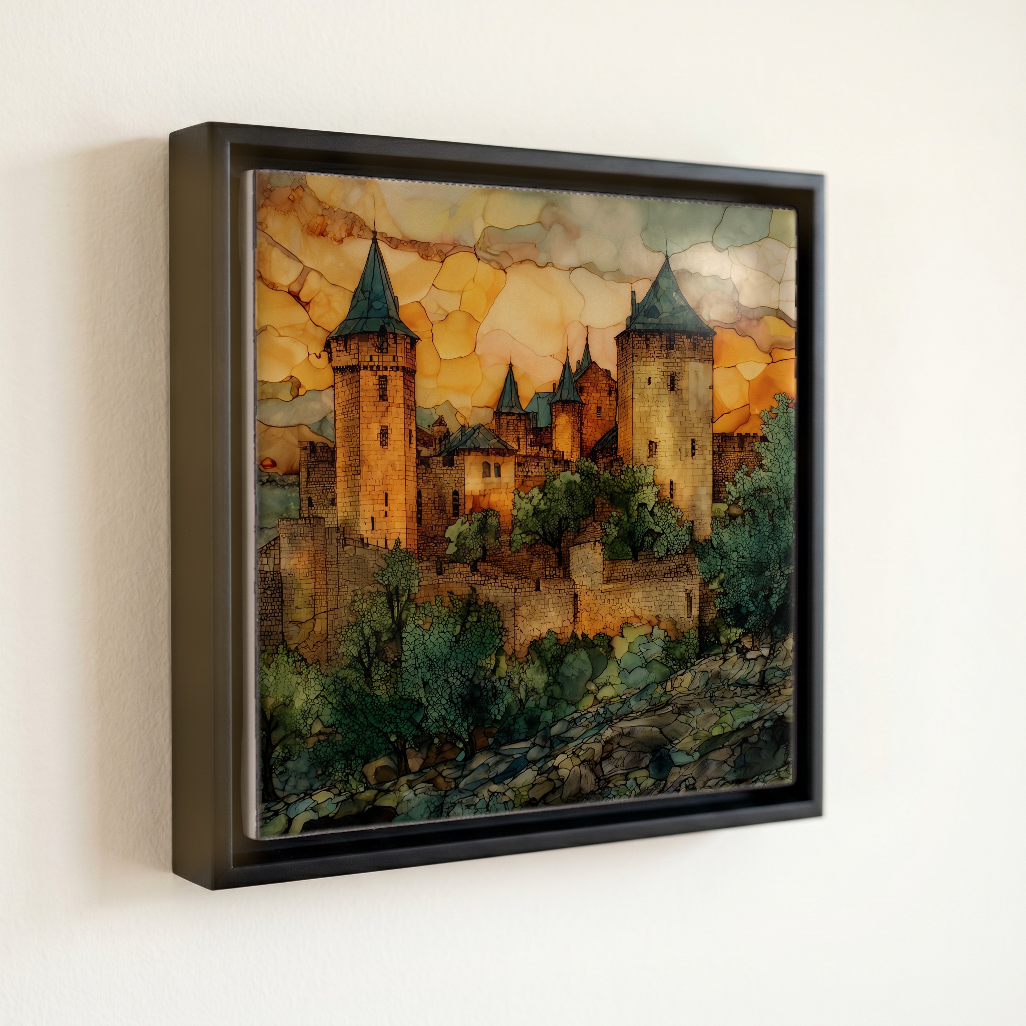 shown in a slim black floating frame · 6 × 6 in