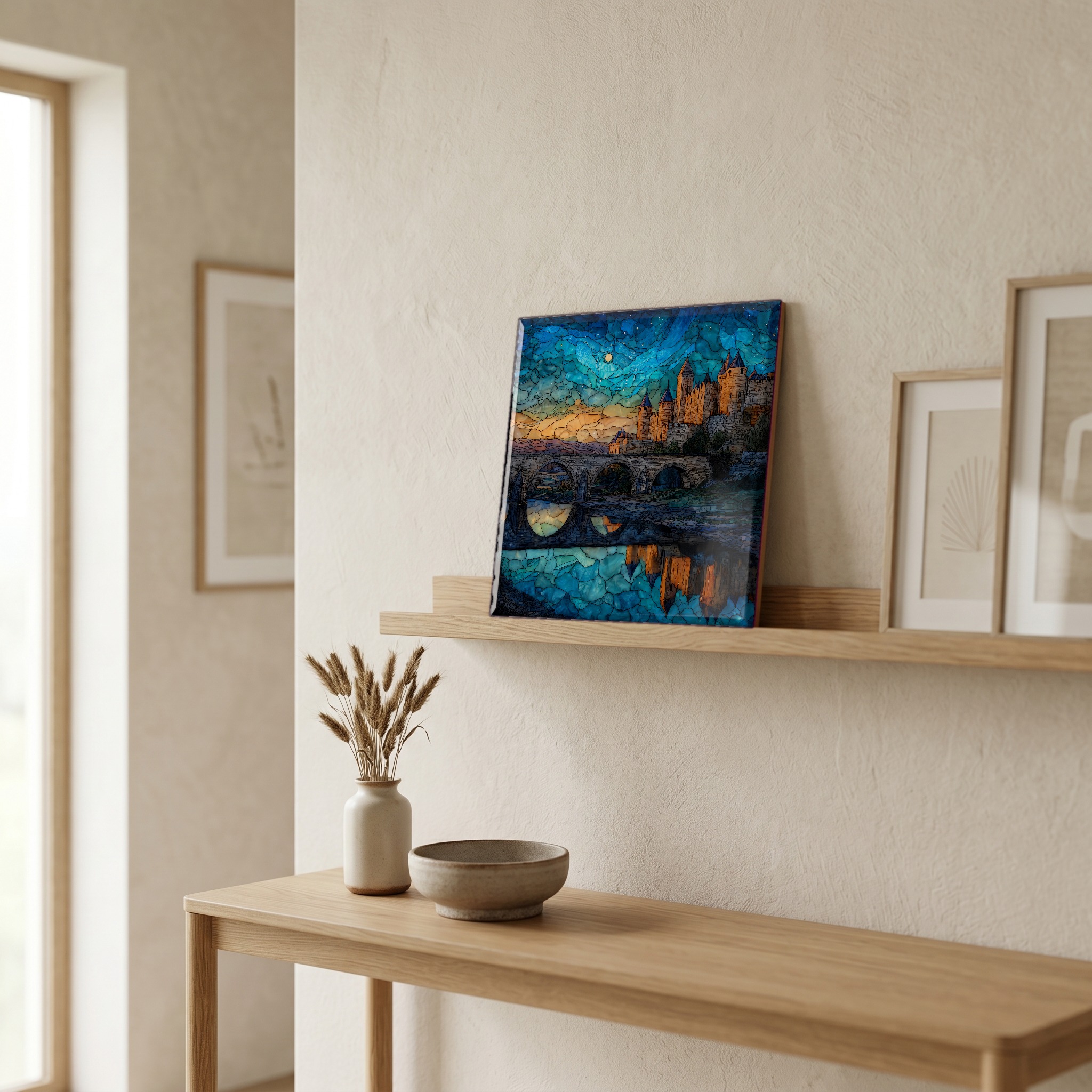 On a picture ledge, where the light comes in.