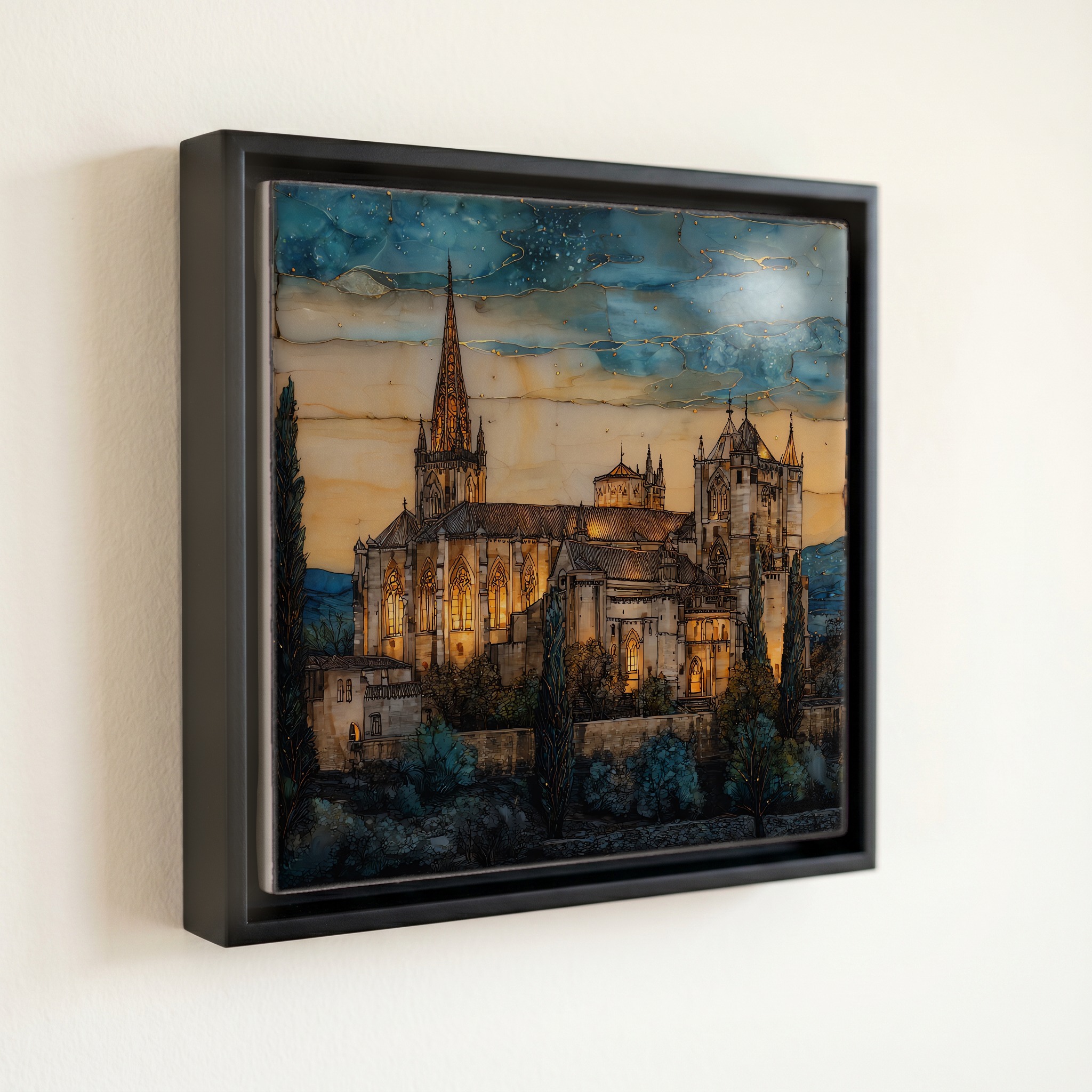 shown in a slim black floating frame · 6 × 6 in