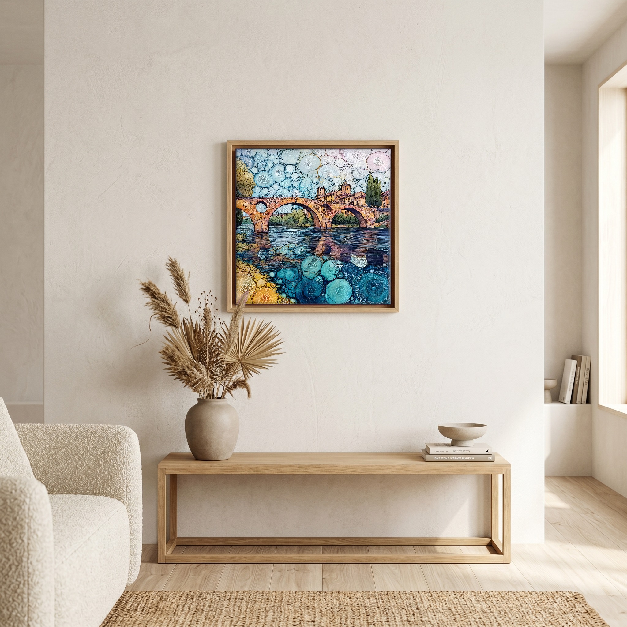 Above the bench, in a warm oak surround.