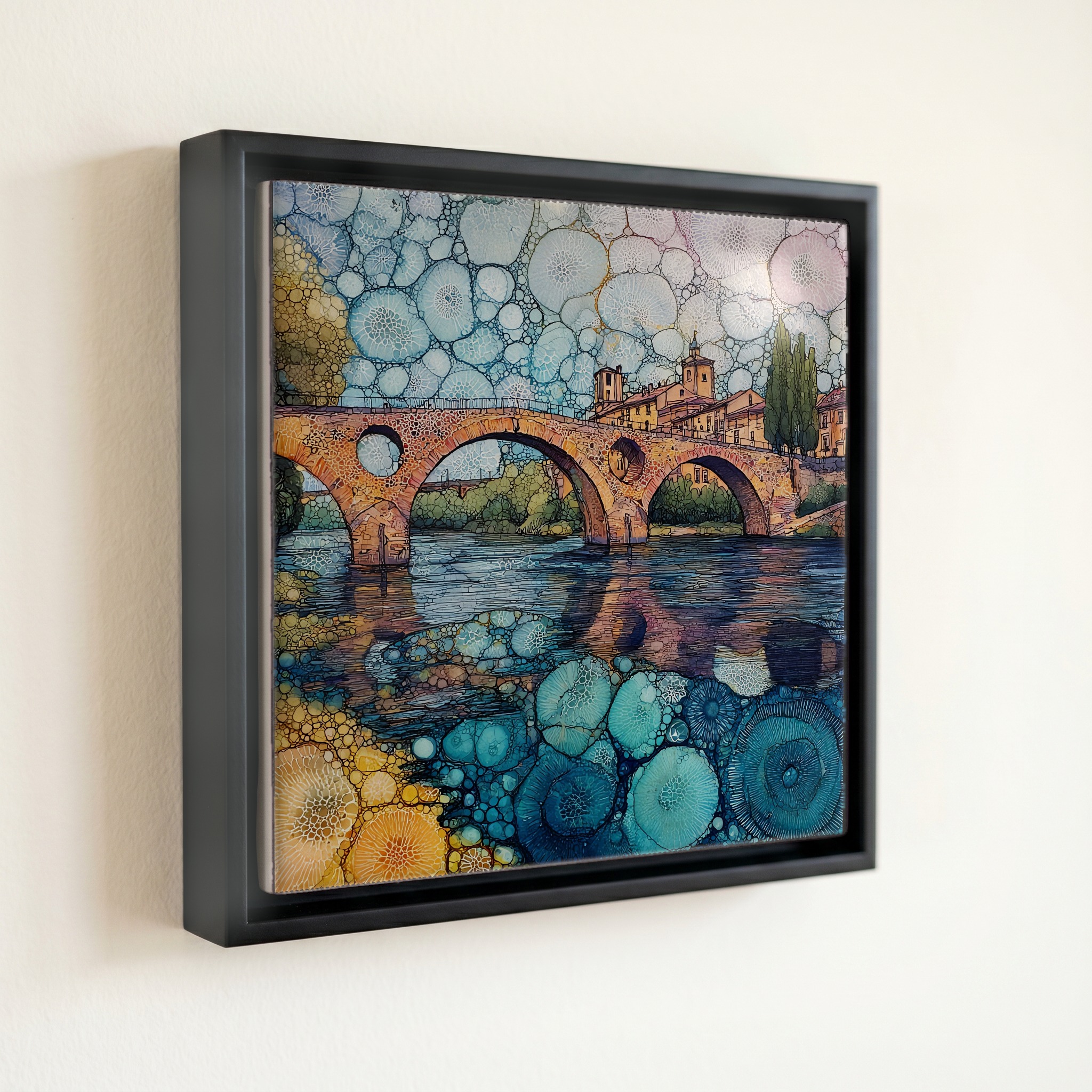 shown in a slim black floating frame · 6 × 6 in