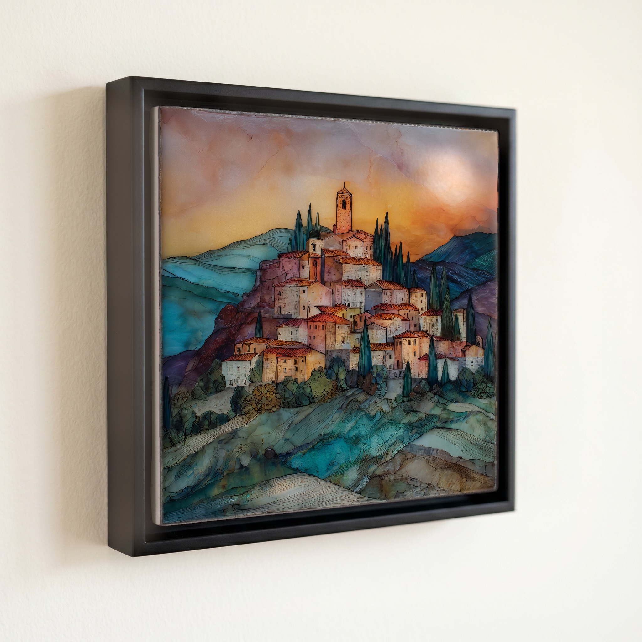 shown in a slim black floating frame · 6 × 6 in
