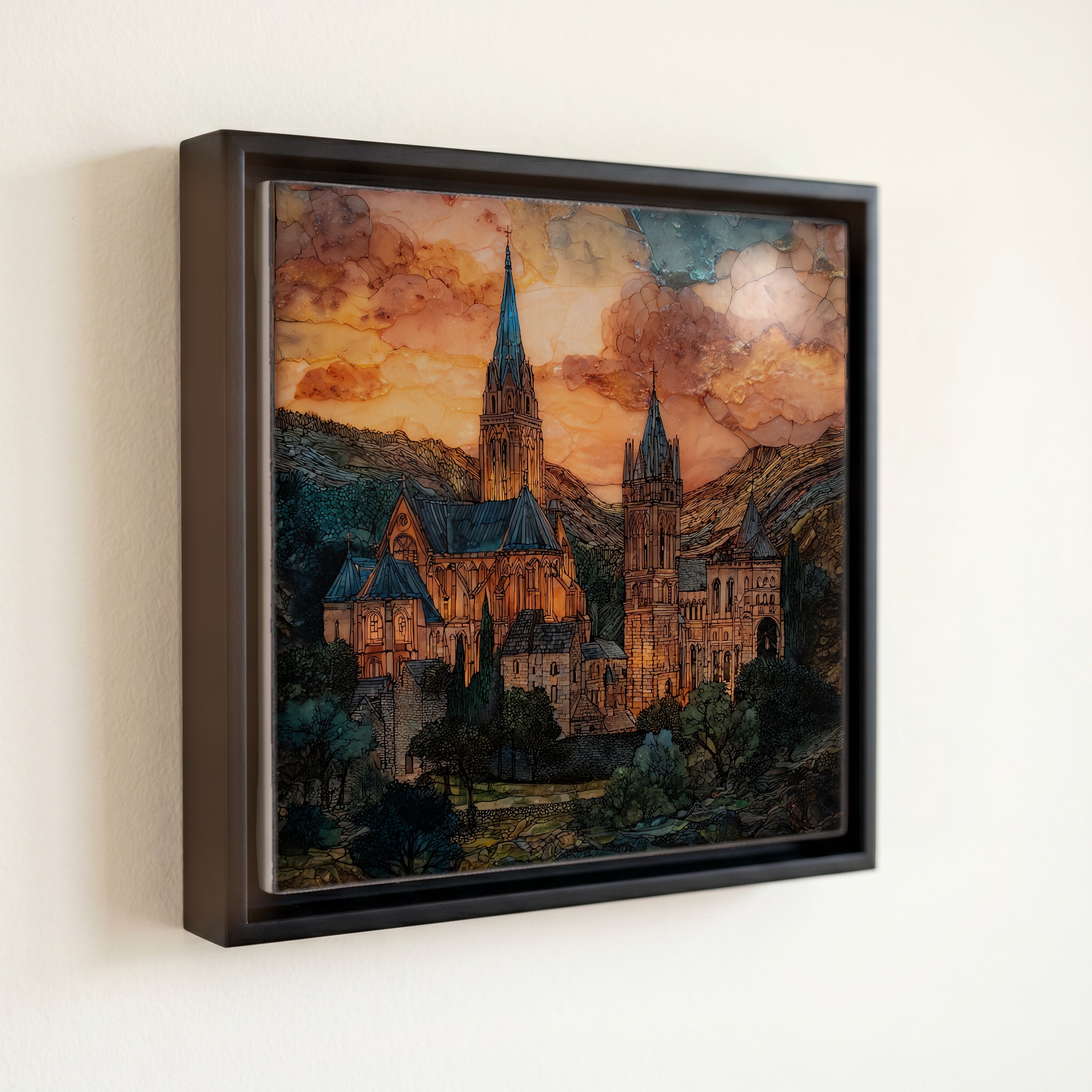 shown in a slim black floating frame · 6 × 6 in