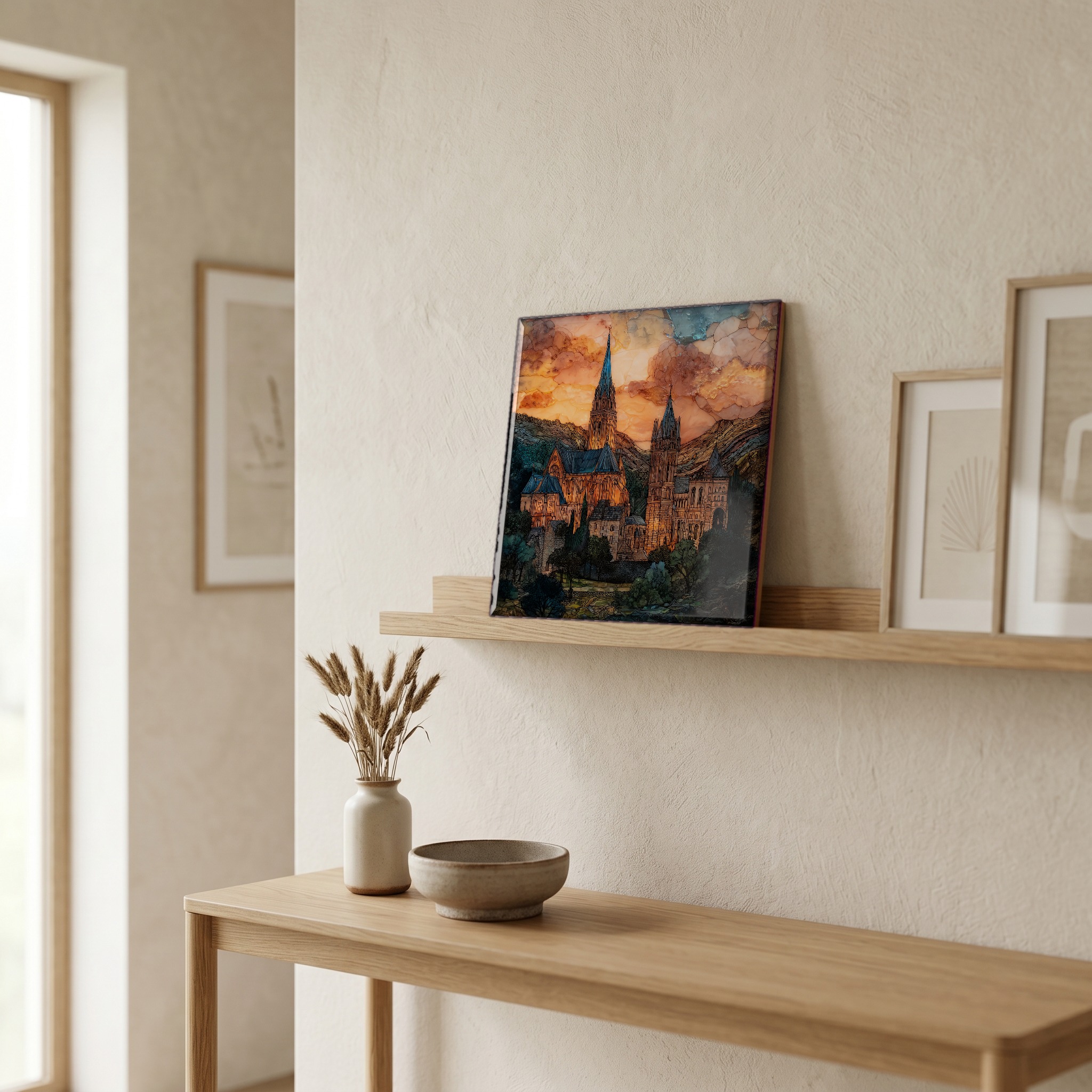 On a picture ledge, where the light comes in.