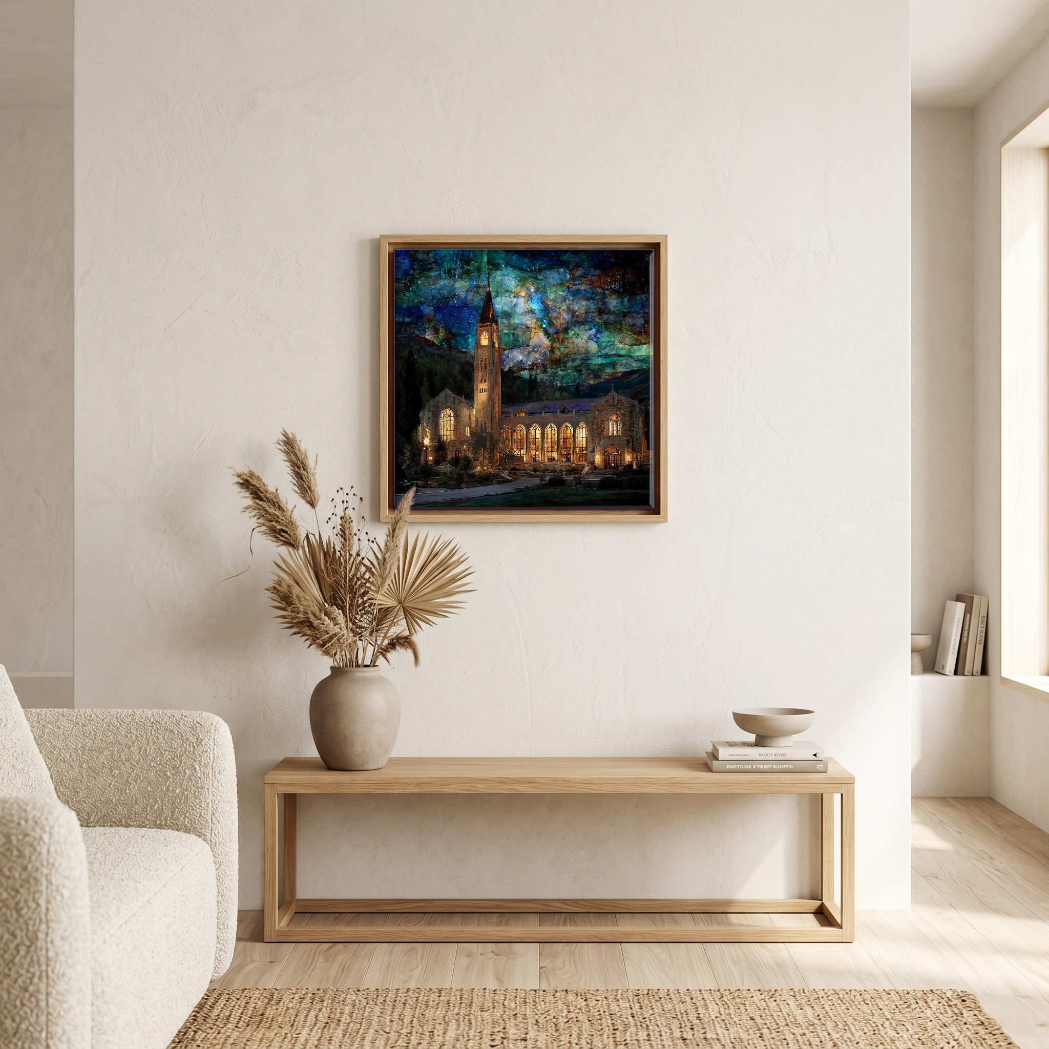 Above the bench, in a warm oak surround.