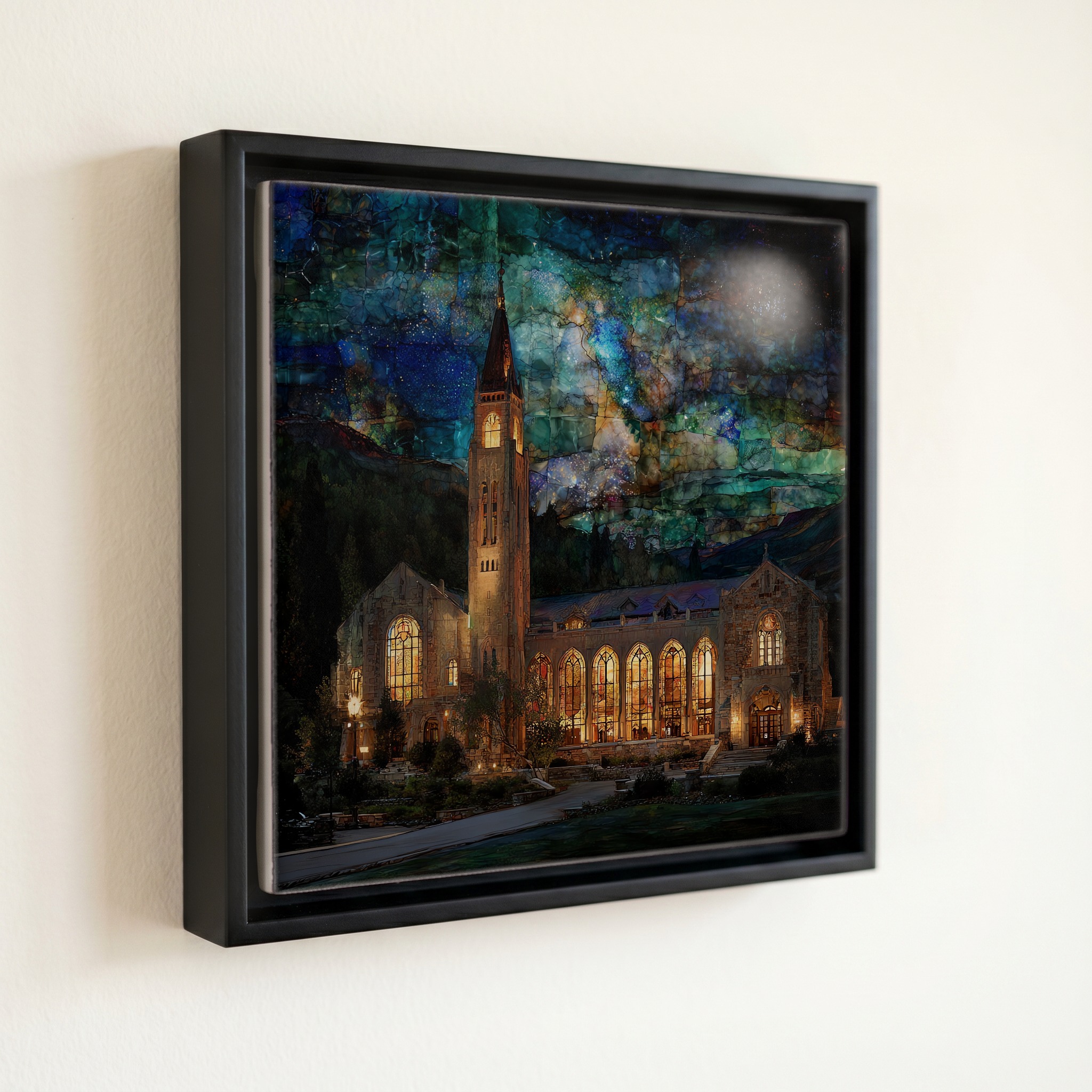 shown in a slim black floating frame · 6 × 6 in