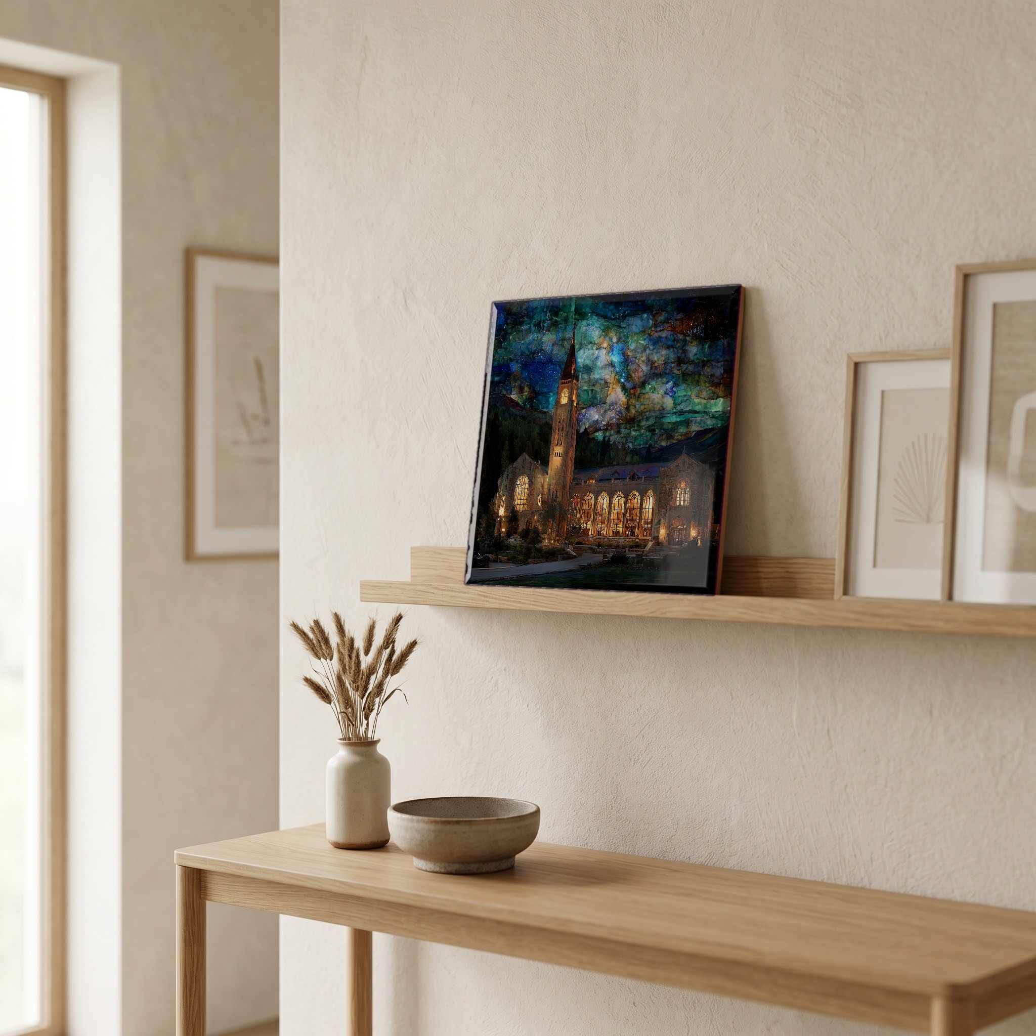 On a picture ledge, where the light comes in.