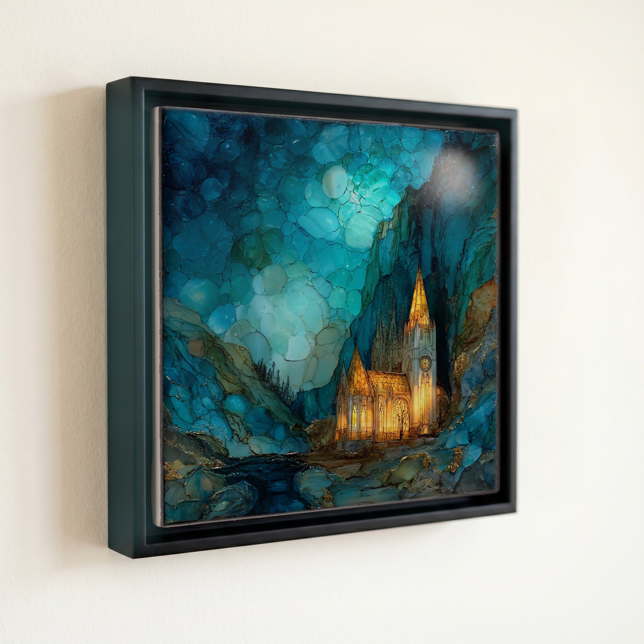 shown in a slim black floating frame · 6 × 6 in