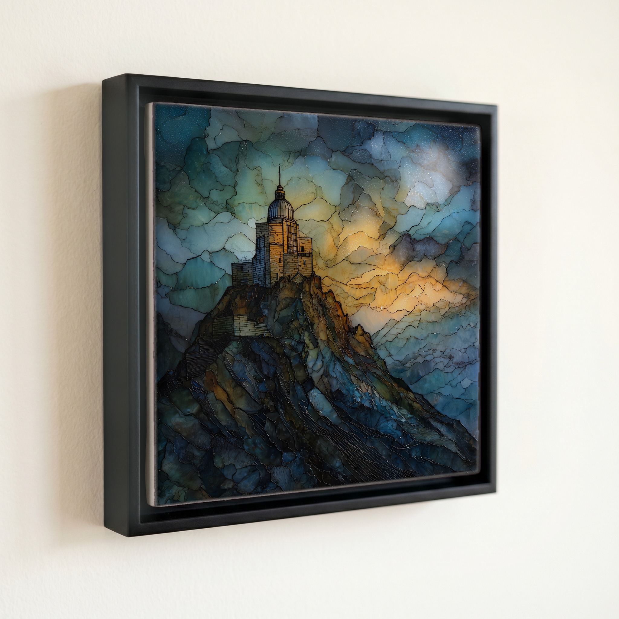shown in a slim black floating frame · 6 × 6 in
