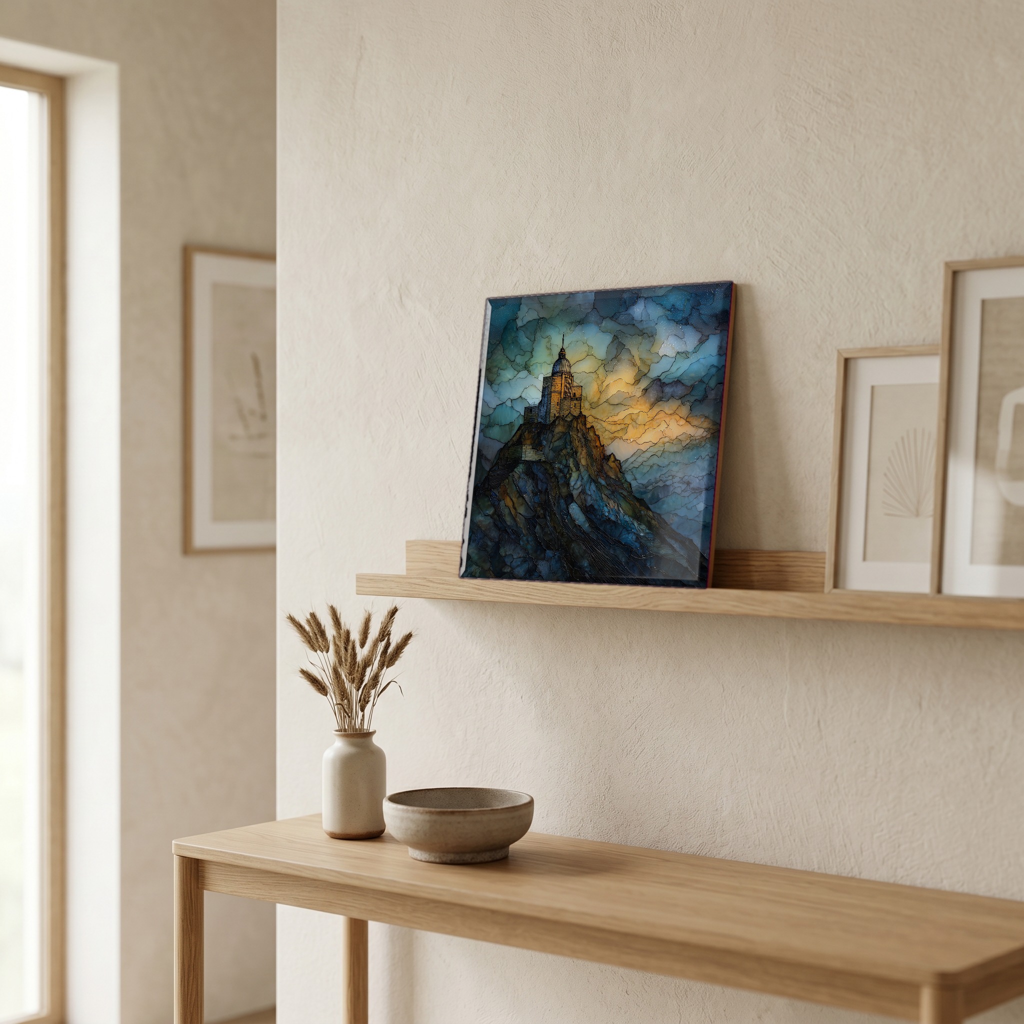 On a picture ledge, where the light comes in.