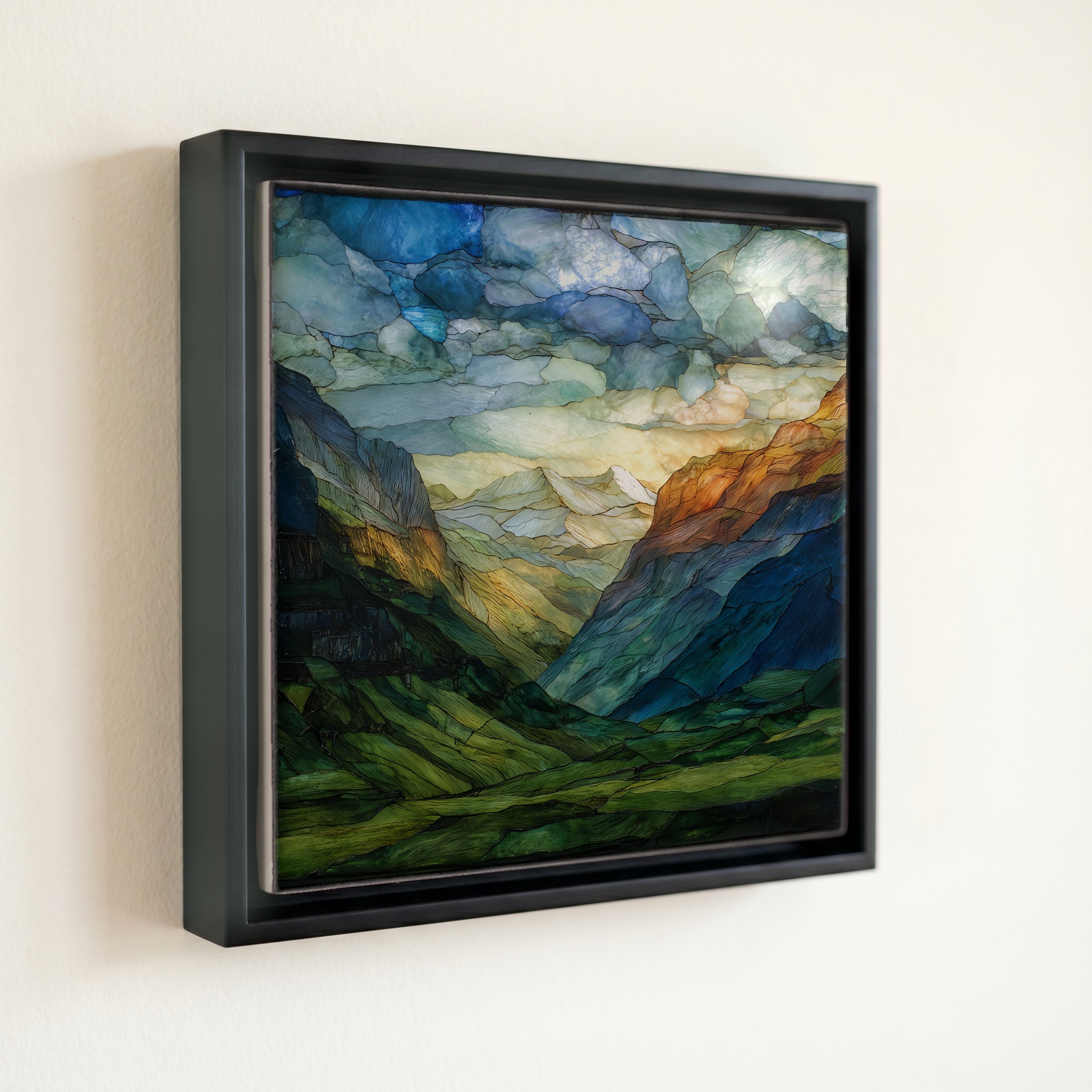 shown in a slim black floating frame · 6 × 6 in