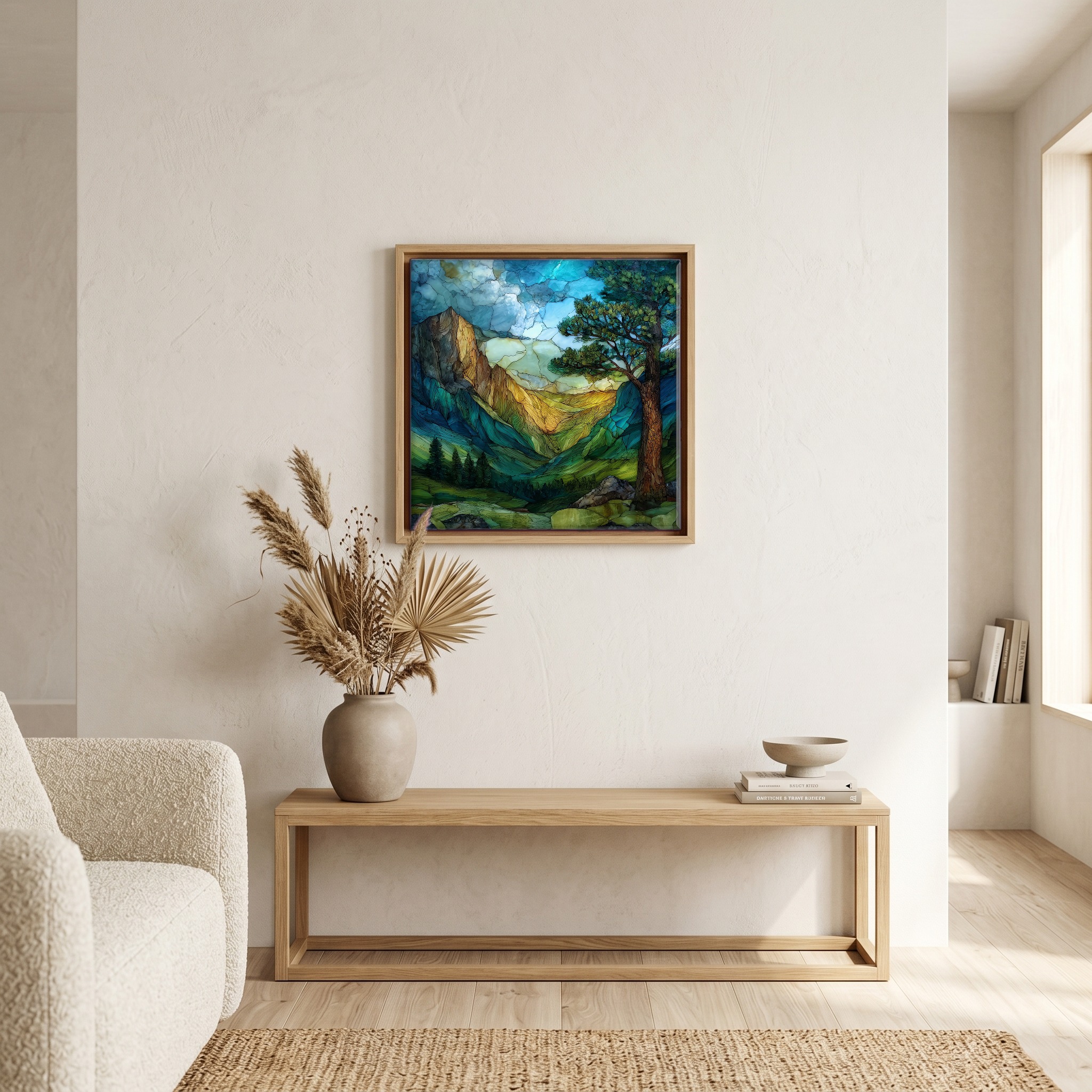 Above the bench, in a warm oak surround.