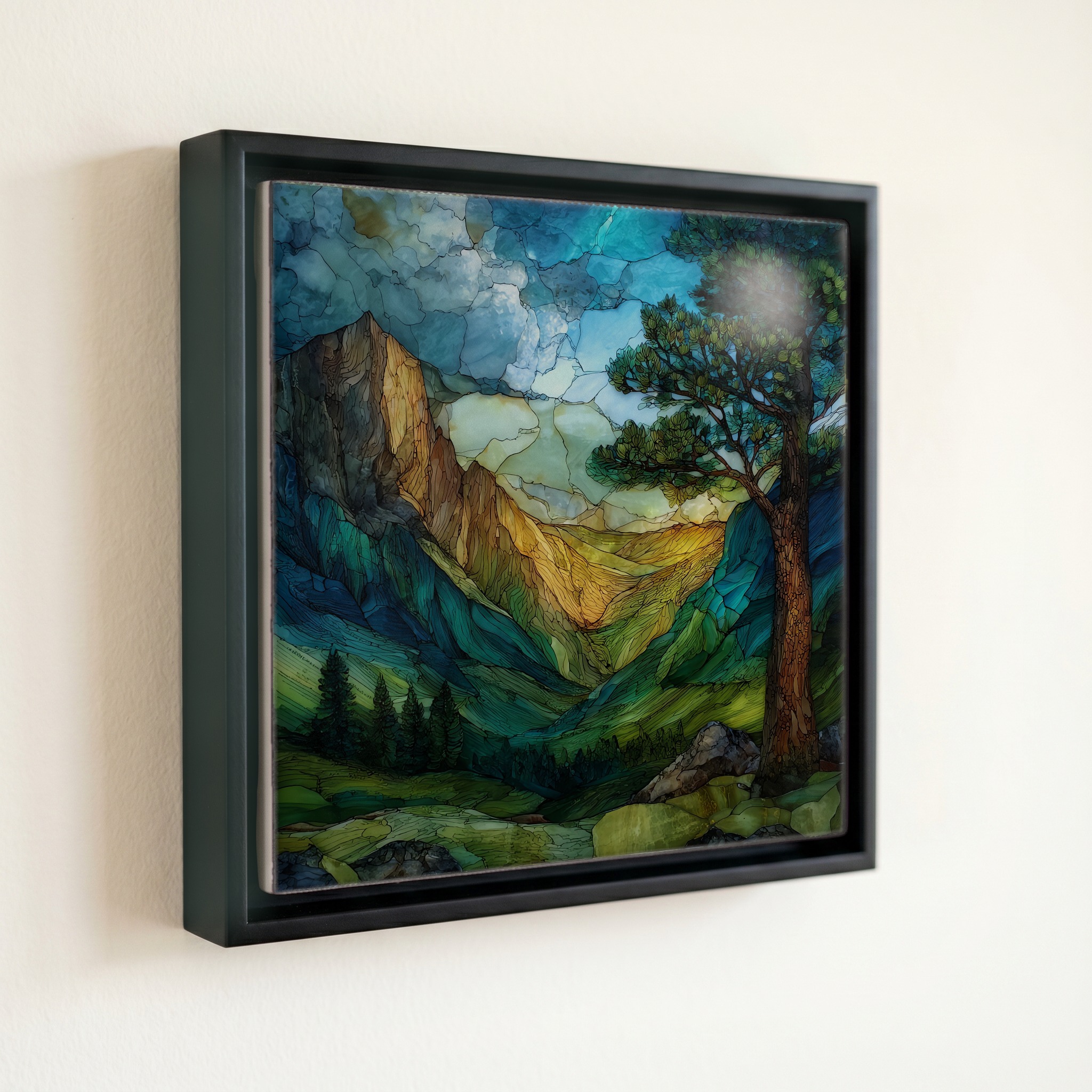 shown in a slim black floating frame · 6 × 6 in