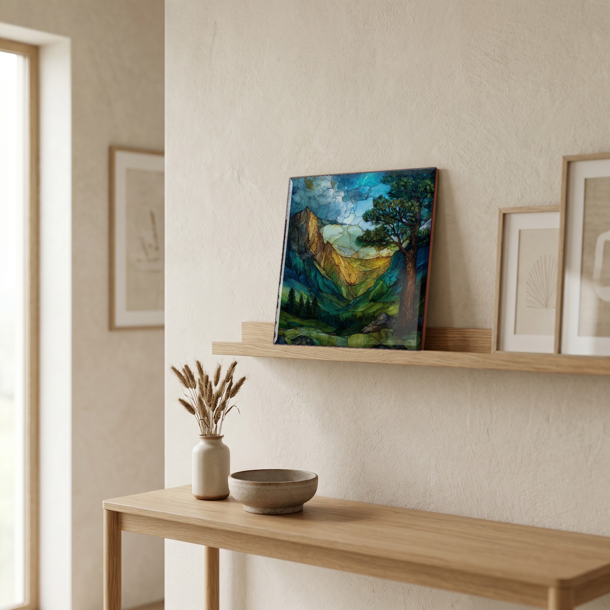 On a picture ledge, where the light comes in.