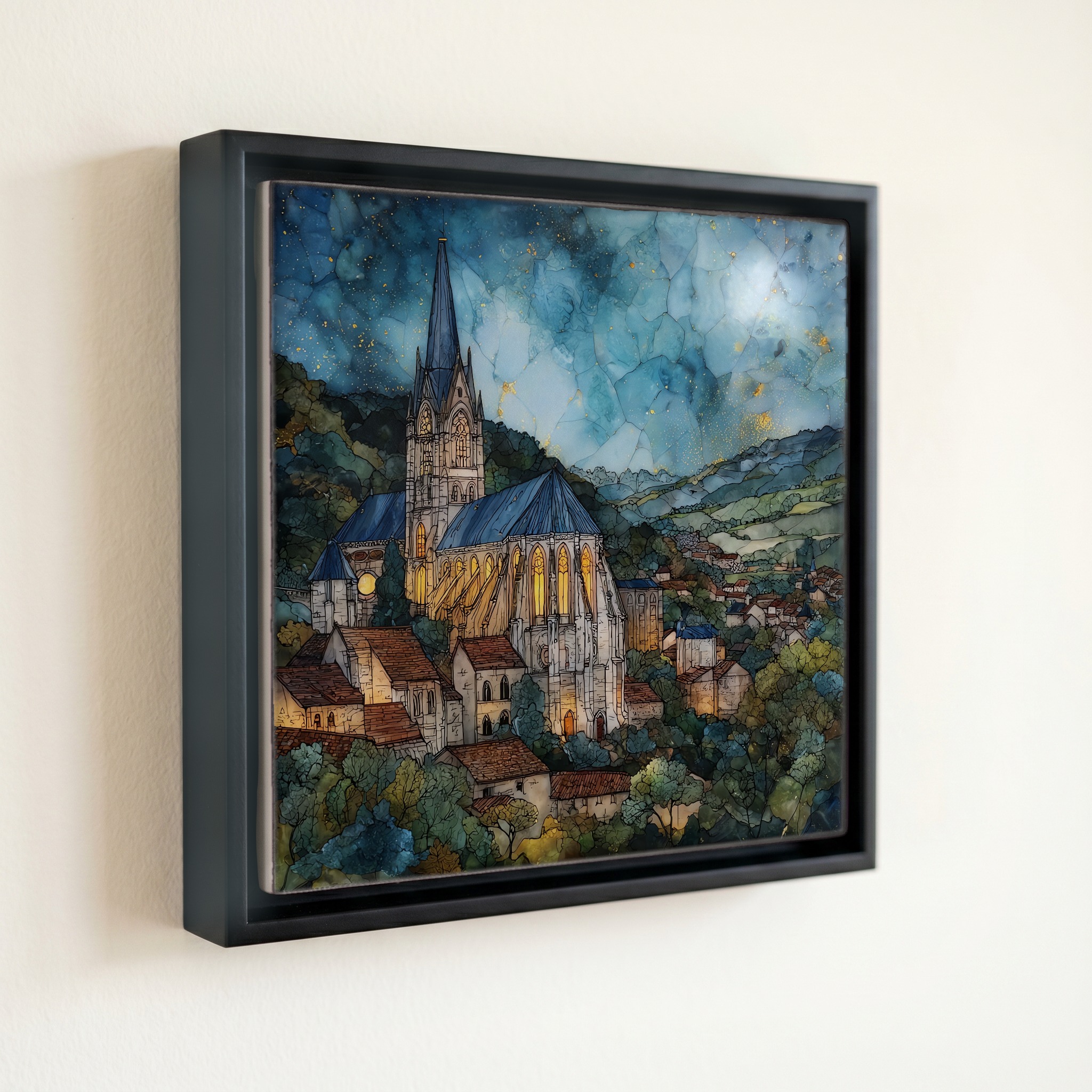 shown in a slim black floating frame · 6 × 6 in