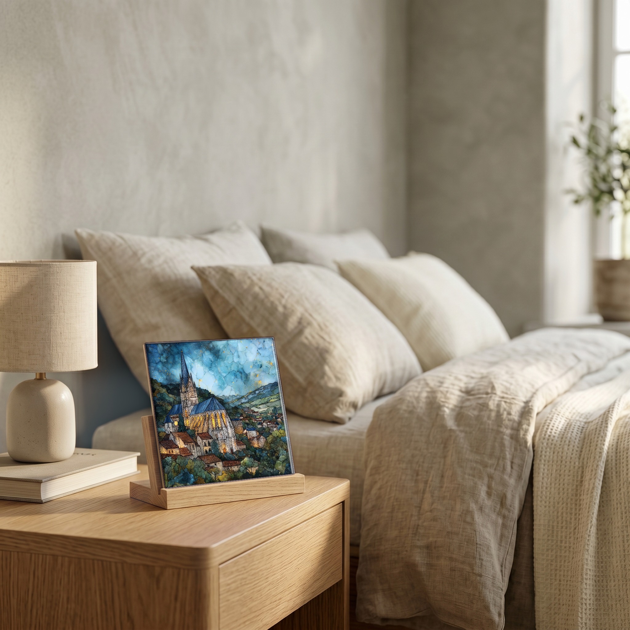 On the nightstand, on a light oak stand.
