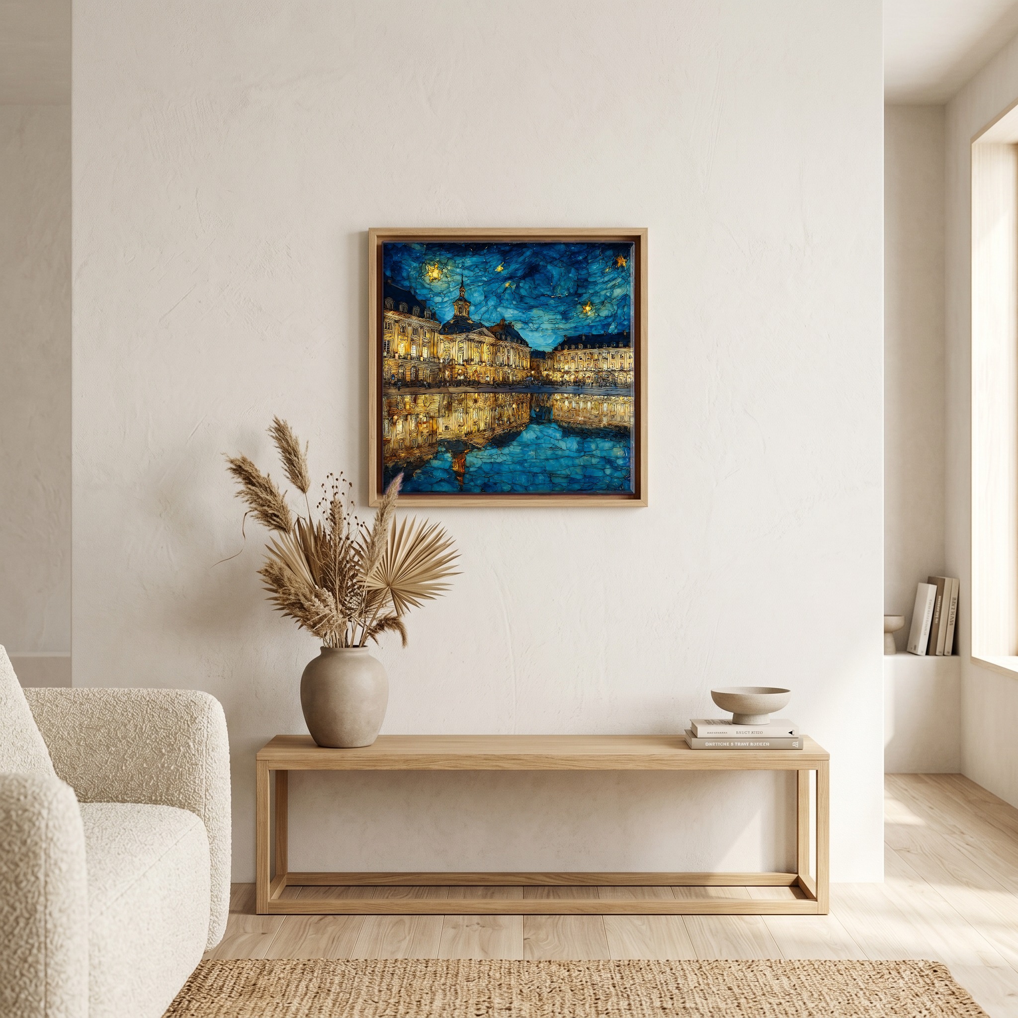 Above the bench, in a warm oak surround.