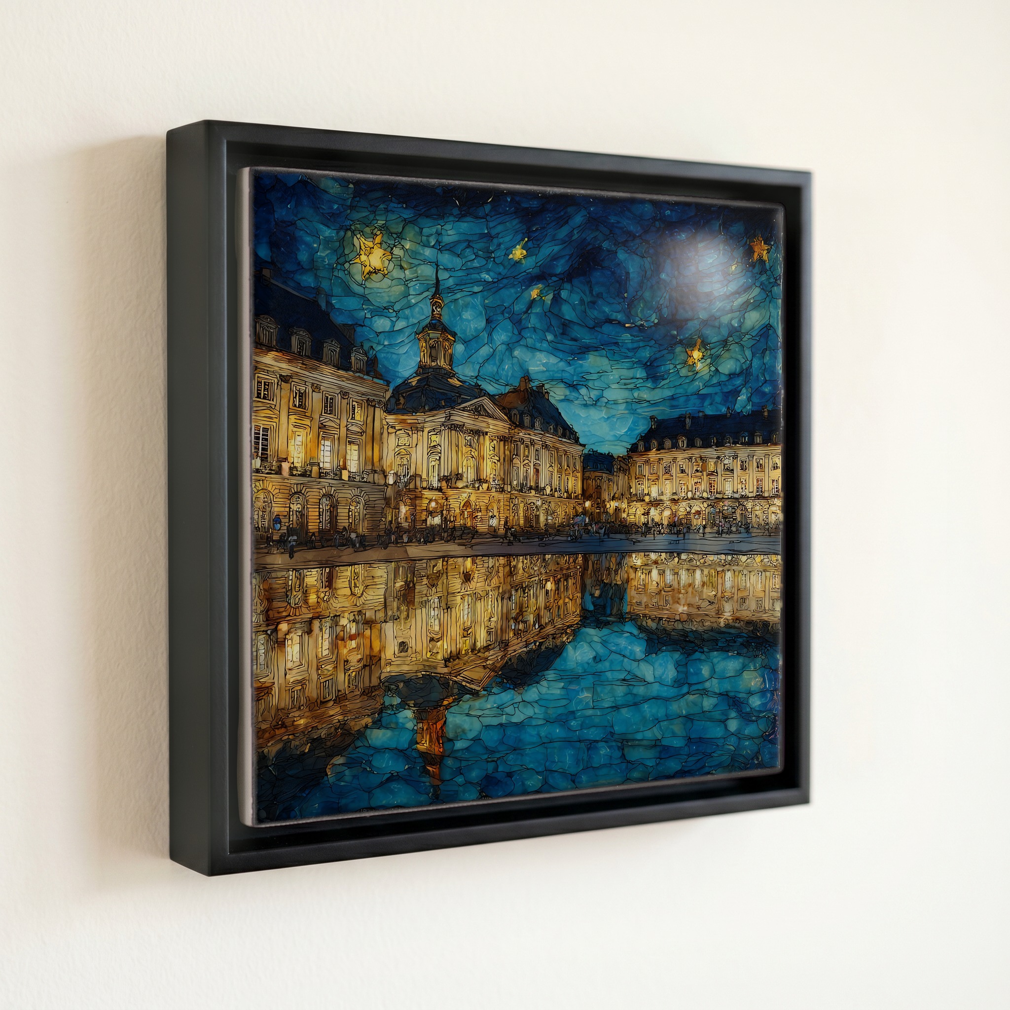 shown in a slim black floating frame · 6 × 6 in