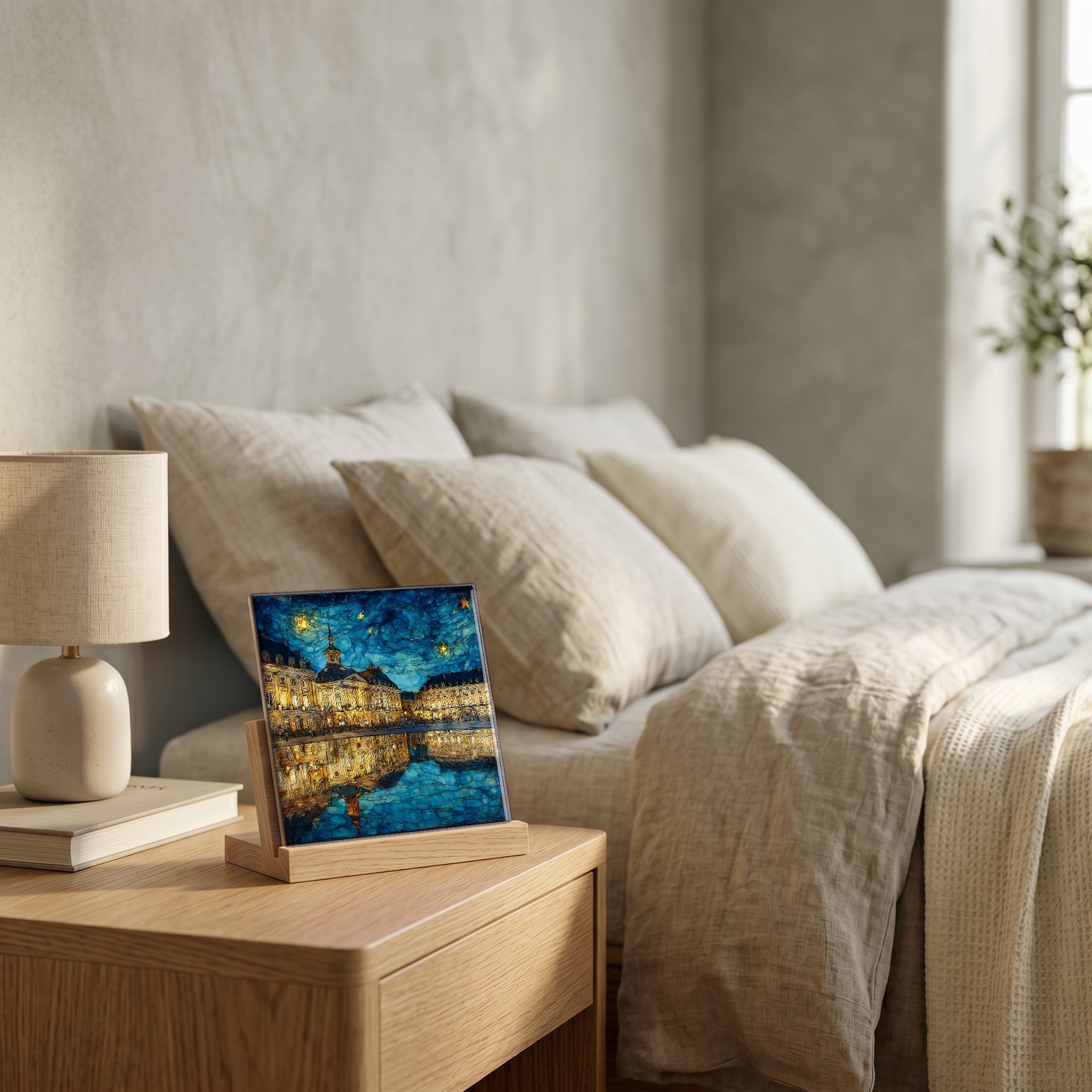 On the nightstand, on a light oak stand.